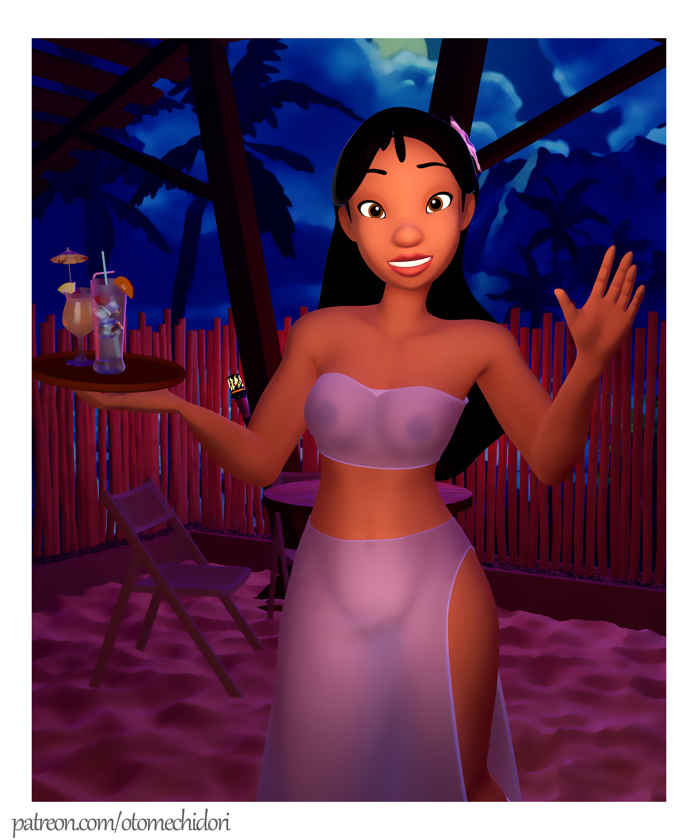 1girls, 3d, 3d (artwork), 3d background, belly button, beverage, black hair, dark skin, dark-skinned female, disney, female, female only, flower in hair, hi res, highres, human, lilo and stitch, looking at viewer, nani pelekai, nipples, otomechidori, pussy, see-through, see-through clothing, skirt, smile, solo, transparent clothing, tubetop
