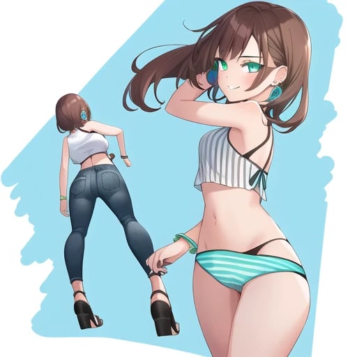 ai_generated back_view bad_hands becky becky_(the_loud_house) brown_hair confident front_view green_eyes medium_breasts panties_under_pantyhose smiling stable_diffusion the_loud_house