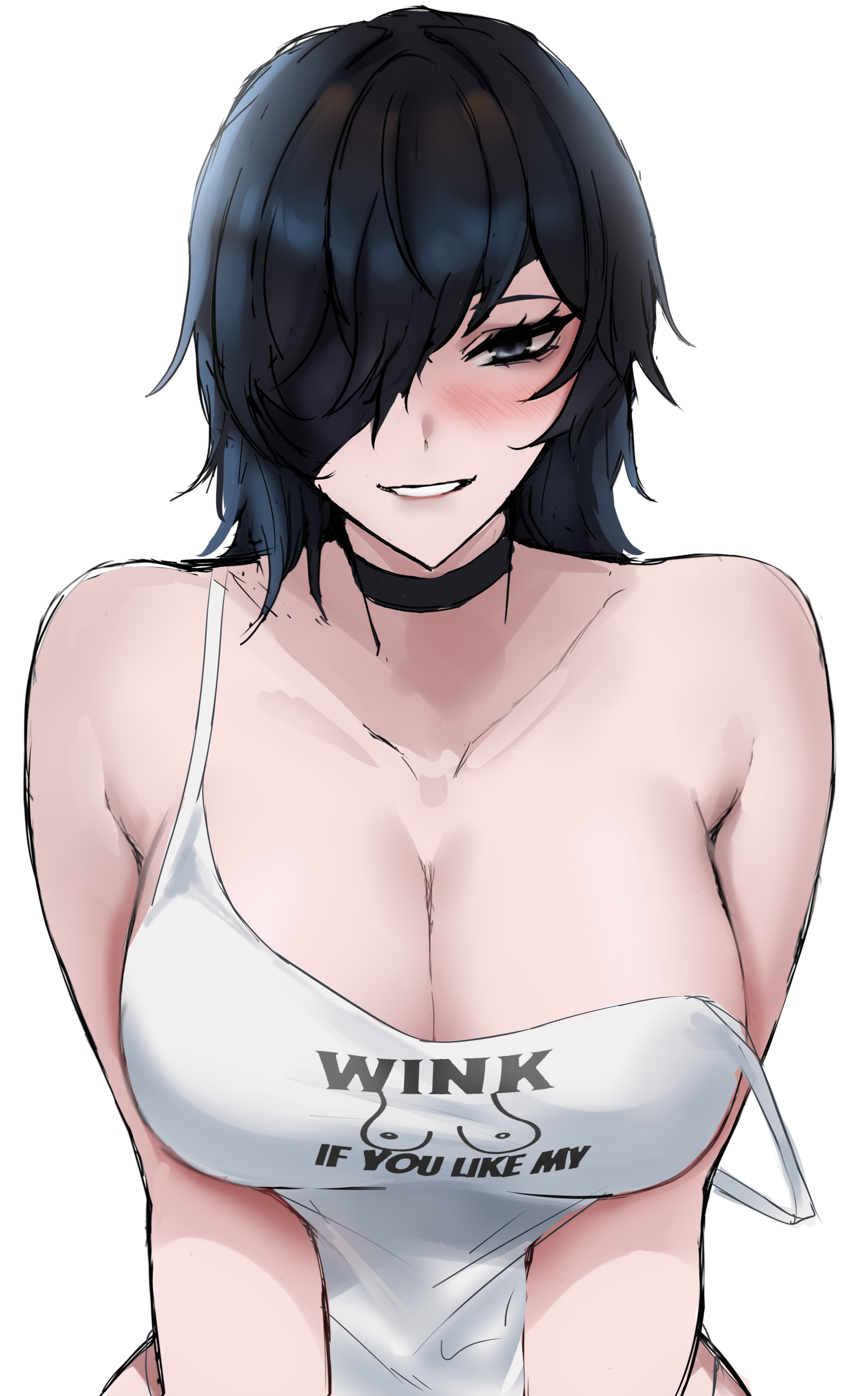 1girls, big breasts, blush, breasts, chainsaw man, curvy, eye patch, female, female only, hi res, himeno (chainsaw man), light skin, light-skinned female, looking at viewer, pov, presenting breasts, shirt pull, tommy (kingdukeee), voluptuous