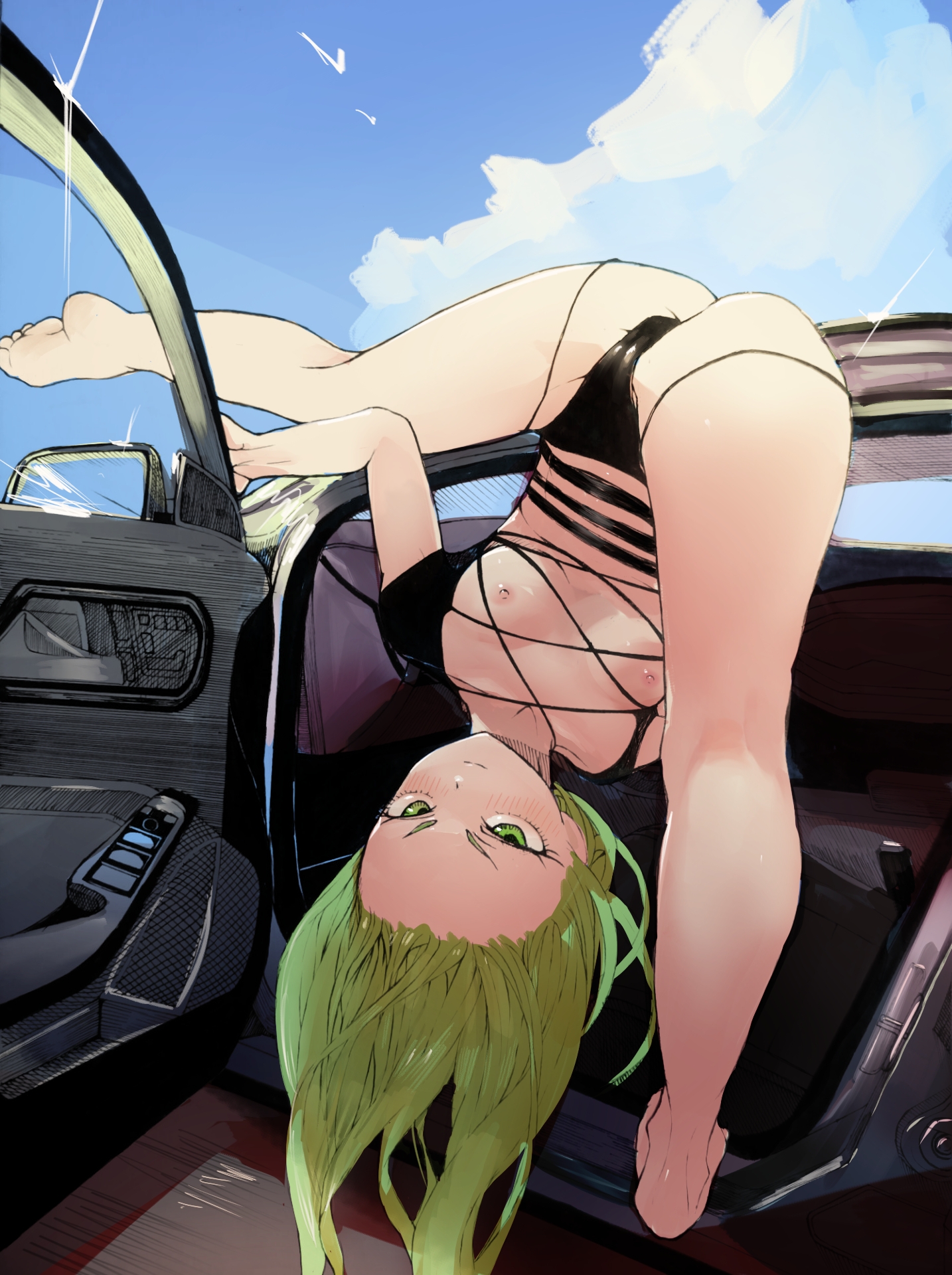 1girls, ankles, ass, barefoot, black panties, blue sky, blush, breasts, cameltoe, car, closed mouth, curly hair, feet, female, female only, flexible, green eyes, green hair, hi res, ineffective clothing, legs, looking at viewer, nipples, one-punch man, panties, petite, pussy, sky, small breasts, soles, solo, solo female, split, spread legs, tatsumaki, thighs, thong, toes, underwear, upside-down, vehicle, wide hips, youyou-rat (artist)