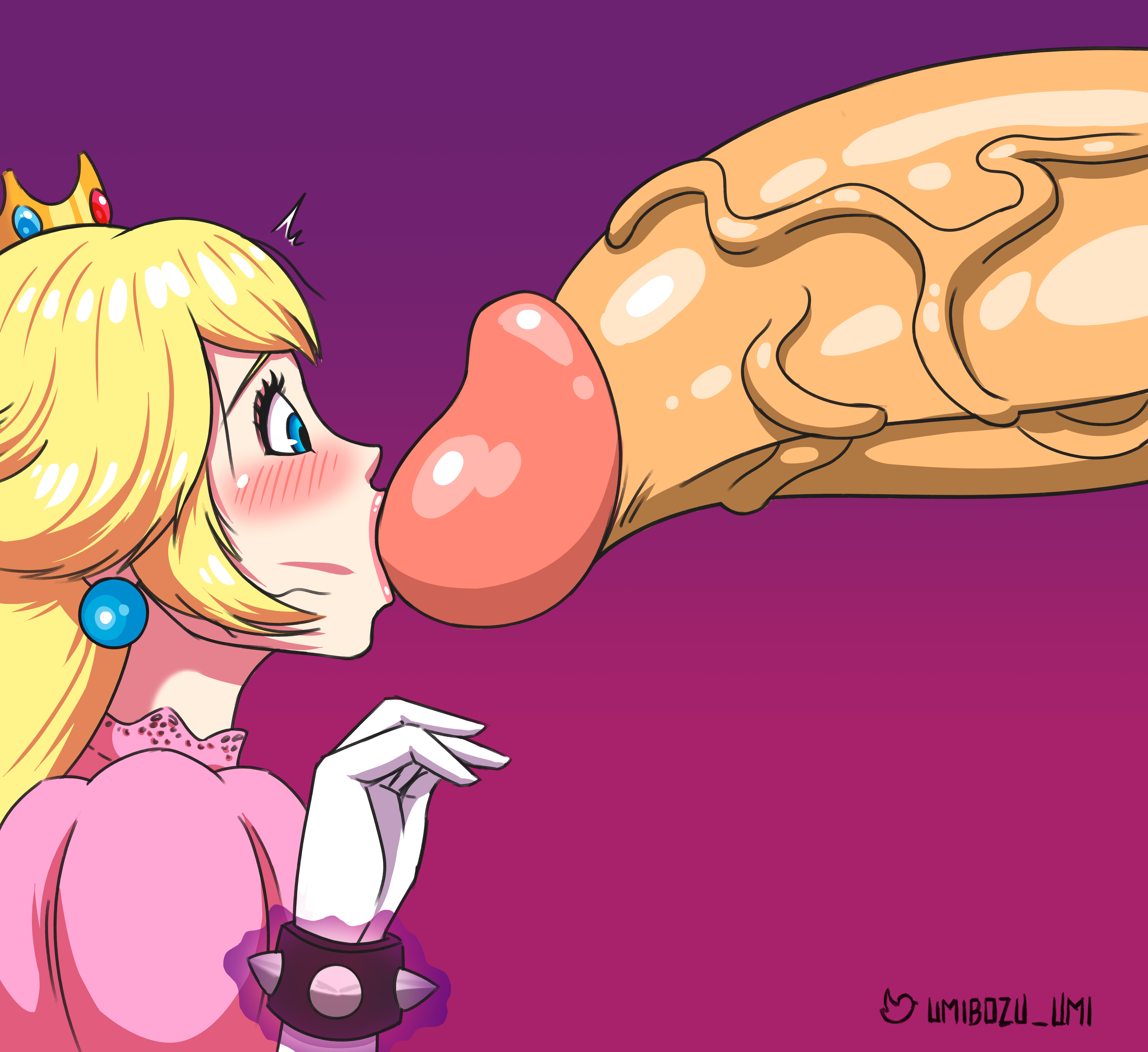 :>=, 1boy, 1girls, blowjob, blush, bowser, face fucking, female, forced, huge cock, male, mario (series), oral, penis, princess peach, simple background, size difference, umibozu umi, unseen male face