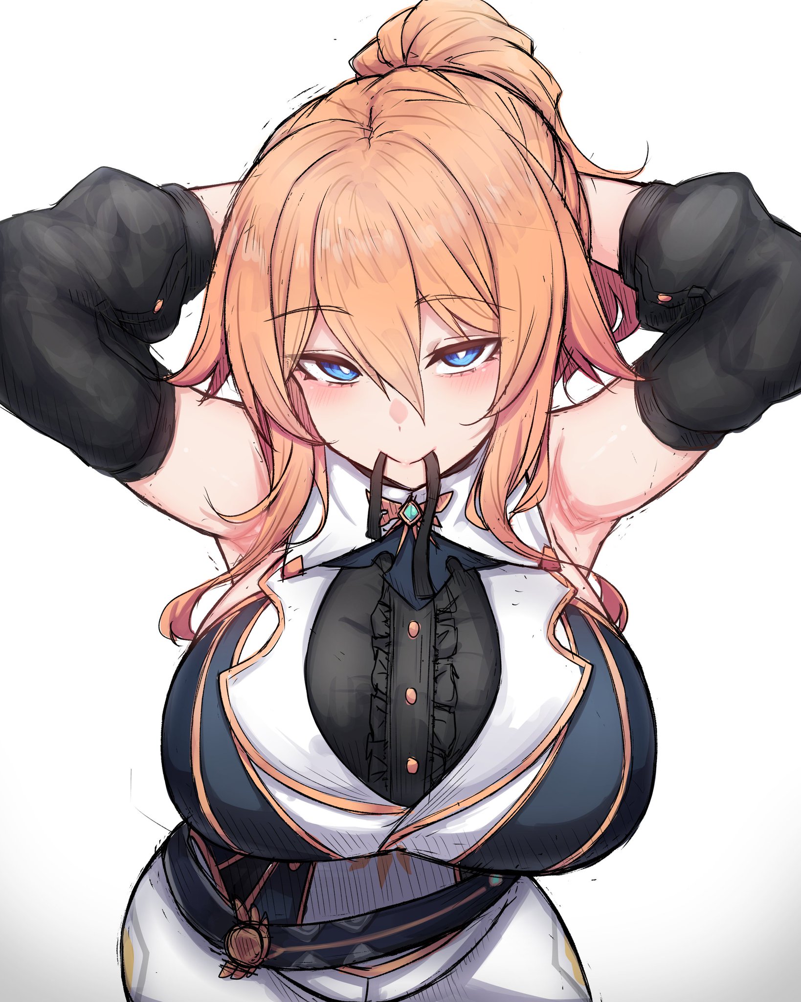 arm up, armpit crease, armpit fetish, armpits, arms up, big breasts, blonde female, blonde hair, blue eyes, blush, blushing, breasts, busty, clothed, curvaceous, curves, curvy, curvy body, curvy female, curvy figure, curvy hips, elbow sleeve, female, genshin impact, hips, huge breasts, jean gunnhildr, large breasts, ponytail, rikuguma, seductive, seductive eyes, seductive look, seductive smile, tagme, thick, tying hair