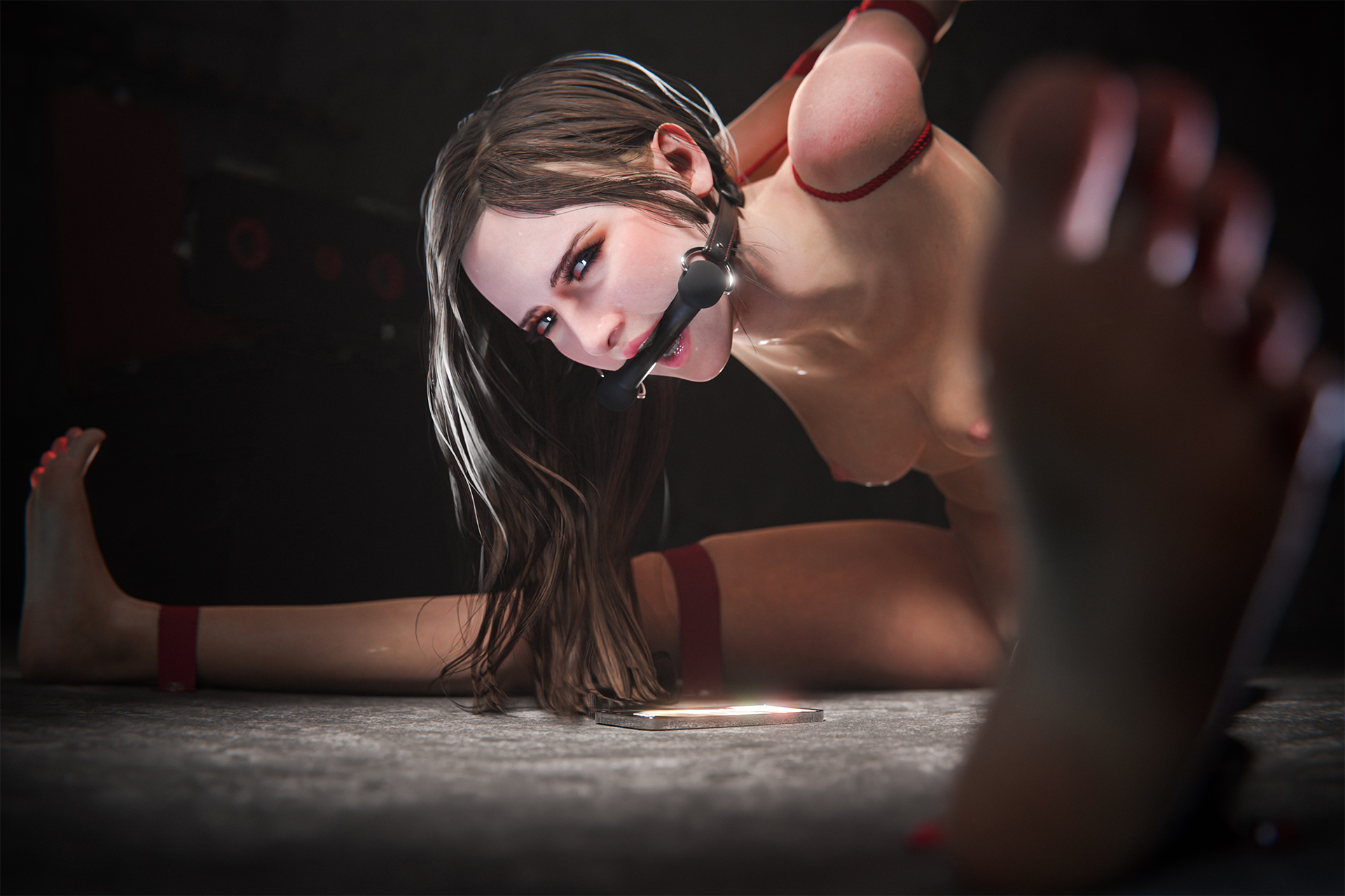 3d, 3d (artwork), arms behind back, arms tied, bit gag, black hair, bondage, bound, bound arms, bound legs, breasts, dark hair, female, femsub, gag, gagged, long hair, looking at viewer, mia winters, nipples, pointlamp, resident evil, resident evil 8: village, rope, rope bondage, solo, solo female, straps, submissive, submissive female