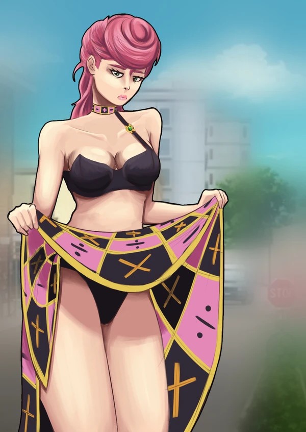 1girls bad_pixiv_id bare_shoulders bare_thighs black_panties blurred_background bra bralette breasts choker cleavage embarrassed female female_only frown jojo's_bizarre_adventure legs lifted_by_self light-skinned_female light_skin looking_at_viewer madara_artworks medium_breasts midriff midriff_peek panties pantyshot pantyshot_(standing) pink_hair reluctant short_hair skirt skirt_lift solo solo_female solo_focus thighs trish_una upskirt vento_aureo