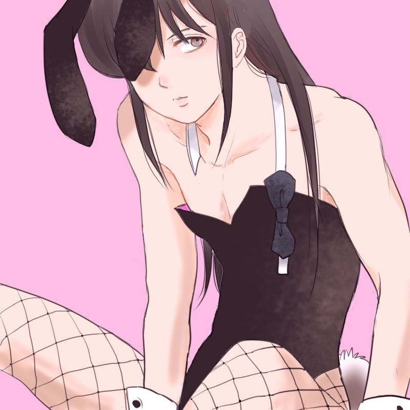 alternate_costume androgynous black_hair bowtie bunny_boy bunny_ears bunny_tail bunnysuit crossdressing damascusn femboy fishnets gintama katsura_kotarou long_hair long_hair_male male male_only male_playboy_bunny pink_background sitting solo wrist_cuffs