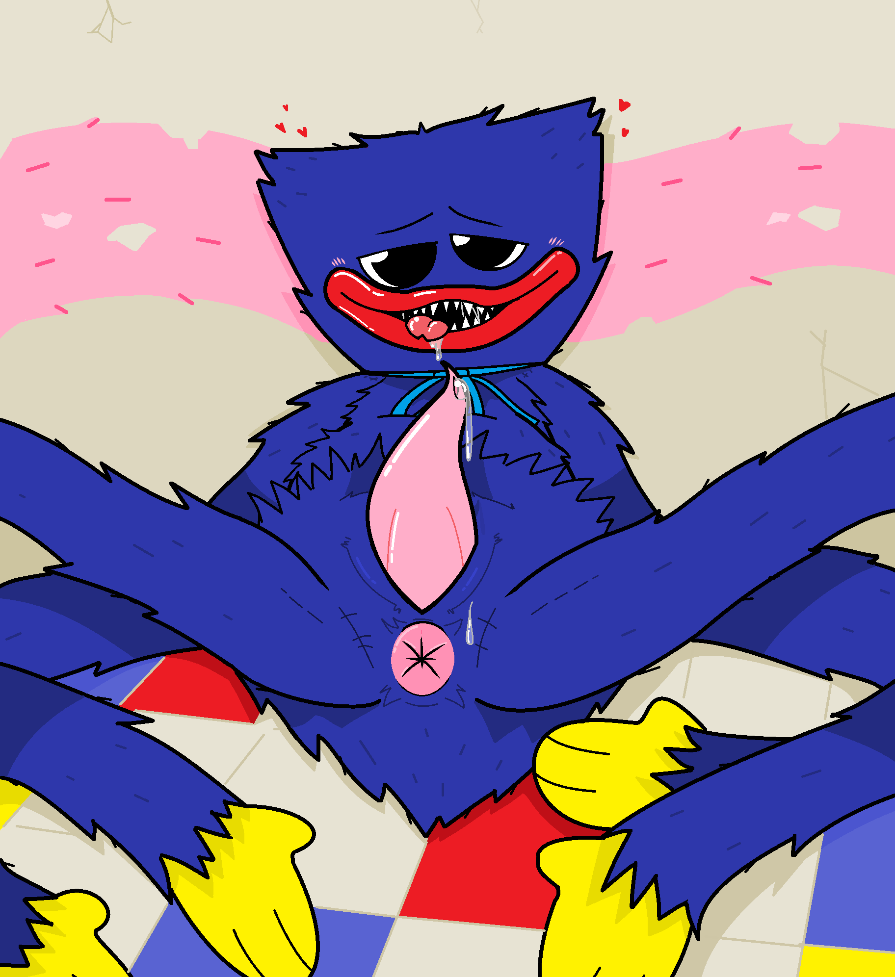 against_surface against_wall animate_inanimate anthro anus ass black_eyes blue_body blue_fur blue_skin bodily_fluids forked_tongue fur genital_fluids genitals glury_the_unown hi_res huggy_wuggy living_plushie looking_at_viewer looking_pleasured male neck_bow penis plushie poppy_playtime precum presenting presenting_anus presenting_hindquarters puffy_anus sharp_teeth solo stitch_(sewing) tapering_penis tongue tongue_out