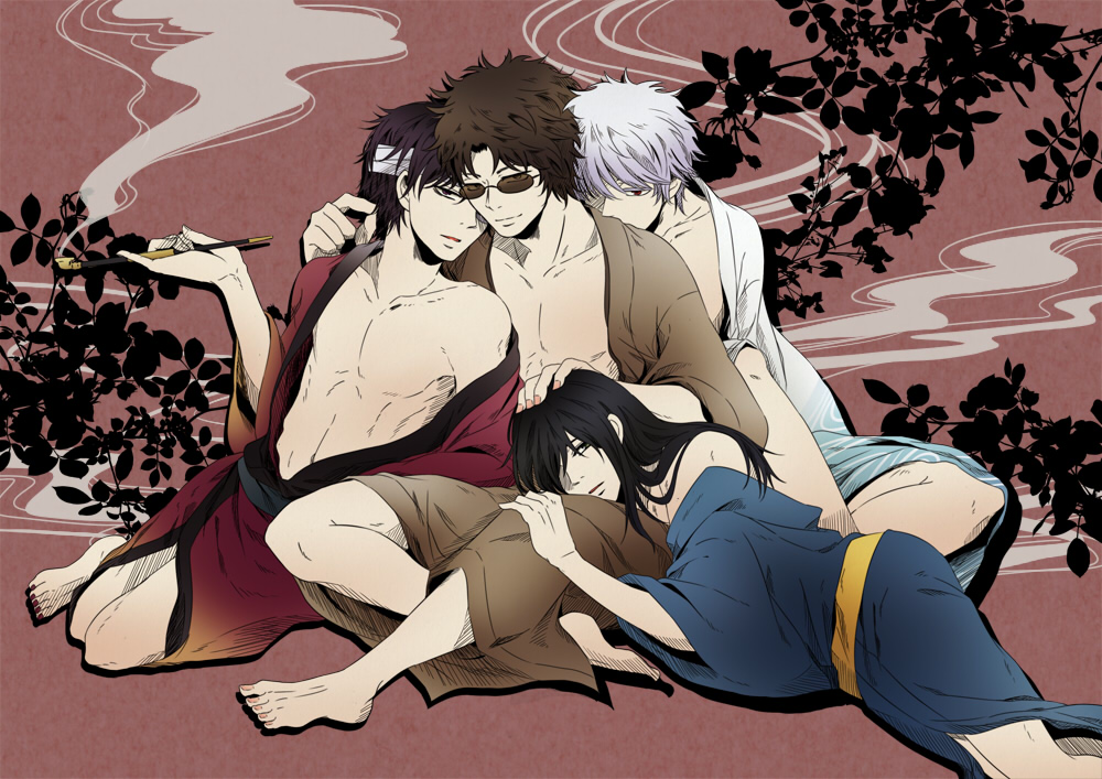 4boys akg0z0 bandages barefoot black_hair brown_hair foursome full_body gintama gintoki_sakata hand_on_another's_head head_on_lap joui_4 katsura_kotarou kimono kiseru long_hair long_hair_male looking_at_viewer lying_on_lap lying_on_person male male_only mmmm_foursome off_shoulder open_kimono pipe sakamoto_tatsuma sitting smile smoking smoking_pipe suggestive_look sunglasses takasugi_shinsuke white_hair yaoi