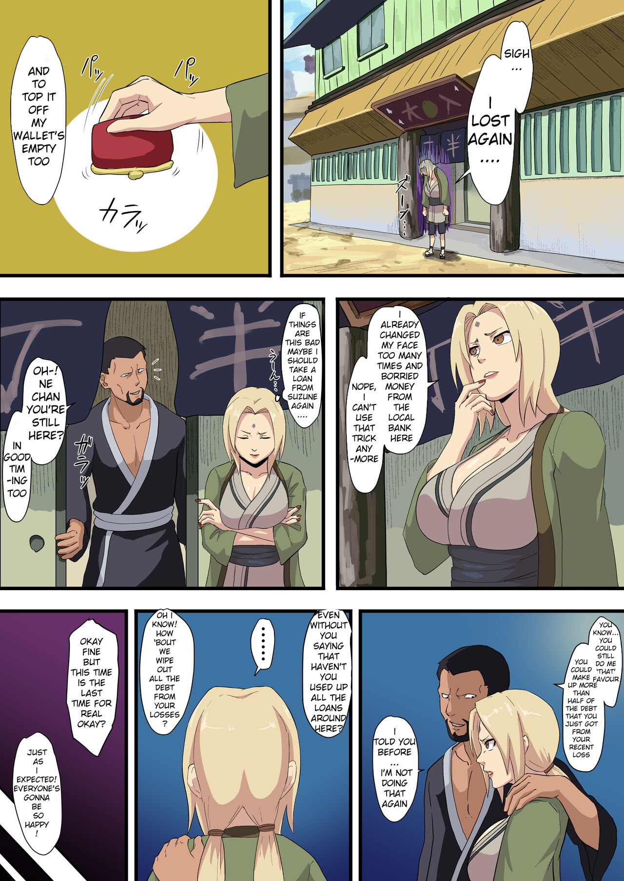 1boy, 1girls, big breasts, blonde hair, breasts, comic, comic page, dialogue, english, english text, female, iwao178, light skin, light-skinned female, male, naruto, naruto (series), naruto shippuden, prostitution, translated, tsunade
