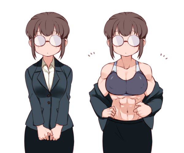 black skirt, breasts, brown hair, closed mouth, cowboy shot, facing viewer, female, glasses, grey jacket, grey sports bra, hanzo (2929), jacket, jacket removed, jimiko, large breasts, multiple views, muscular, muscular female, navel, office lady, opaque glasses, original, own hands together, pencil skirt, round eyewear, short hair, sidelocks, simple background, skirt, sports bra, underwear, white background