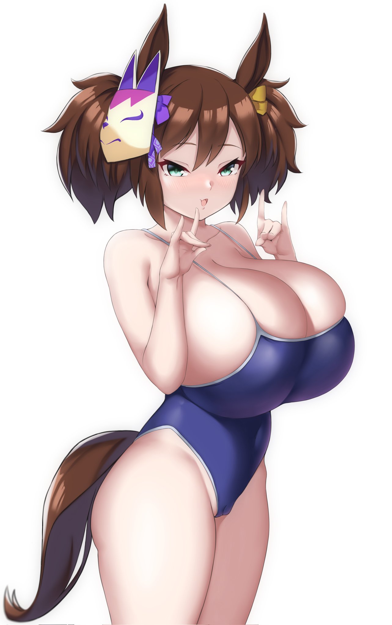 cleavage ear gigantic_breasts n_z_m_51 one-piece_swimsuit sideboob tail tight_swimsuit white_background