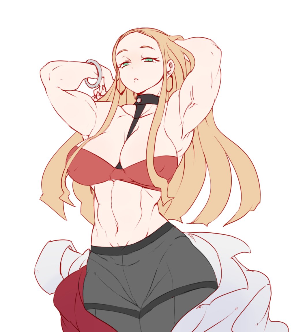 1girls, 2023, 2d, 2d (artwork), abs, alternate muscle size, armpits, arms behind head, big breasts, blonde hair, bracelet, breasts, cleavage, closed mouth, female, female only, fit, fit female, forehead, green eyes, hanzo (2929), human, human only, jewelry, labcoat, large breasts, long hair, midriff, muscles, muscular, muscular female, navel, oleana (pokemon), pantyhose, pokemon, pokemon (game), pokemon ss, questionable, simple background, solo, solo female, tsurime, undressing, white background