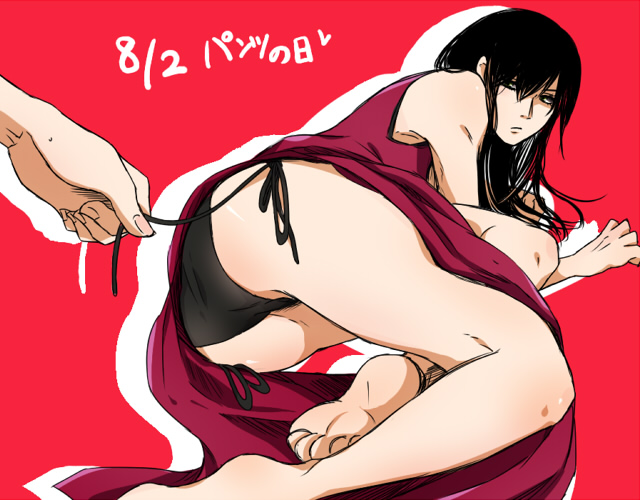 1boy 1other akg0z0 barefoot black_hair black_panties canon_crossdressing china_dress chinese_clothes crossdressing femboy gintama katsura_kotarou long_hair long_hair_male looking_back male male_focus official_alternate_costume on_side panties red_background side-tie_panties solo_focus trap zurako