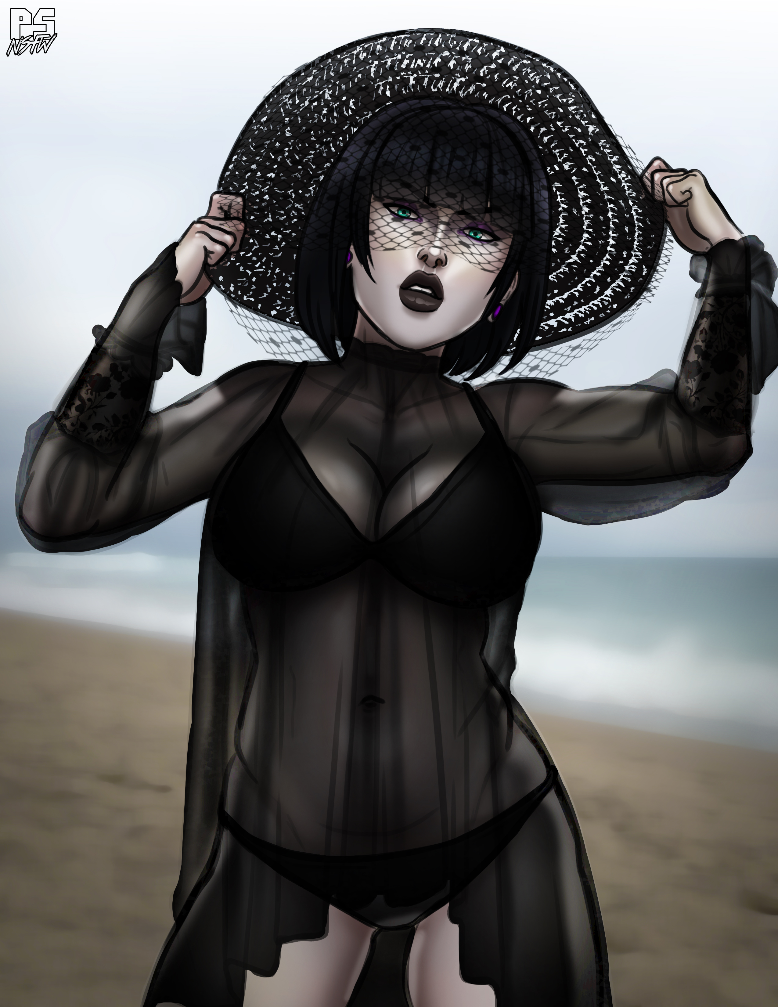 beach, big breasts, bikini, black hair, black lipstick, blue eyes, breasts, busty, female, female focus, female only, goth, hat, hourglass figure, light skin, light-skinned female, lipstick, madeline zoldak, makeup, navel, original, outdoors, outside, pale skin, pale-skinned female, pinup, pinup pose, pose, posing, pumpkinsinclair, short hair, standing, sun hat, wide hips