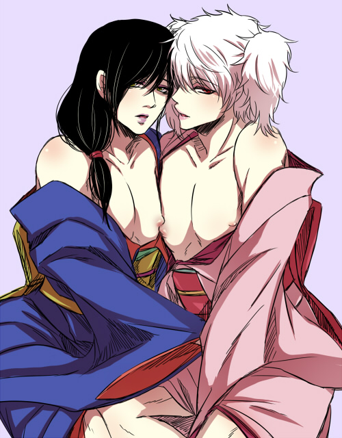 akg0z0 bare_chest black_hair canon_crossdressing crossdressing drag_queen gintama gintoki_sakata katsura_kotarou kimono long_hair long_hair_male looking_at_viewer low-tied_long_hair low_ponytail male male_only nipples_touching obi off_shoulder official_alternate_costume open_kimono paako tied_hair trap twintails white_hair wig zurako