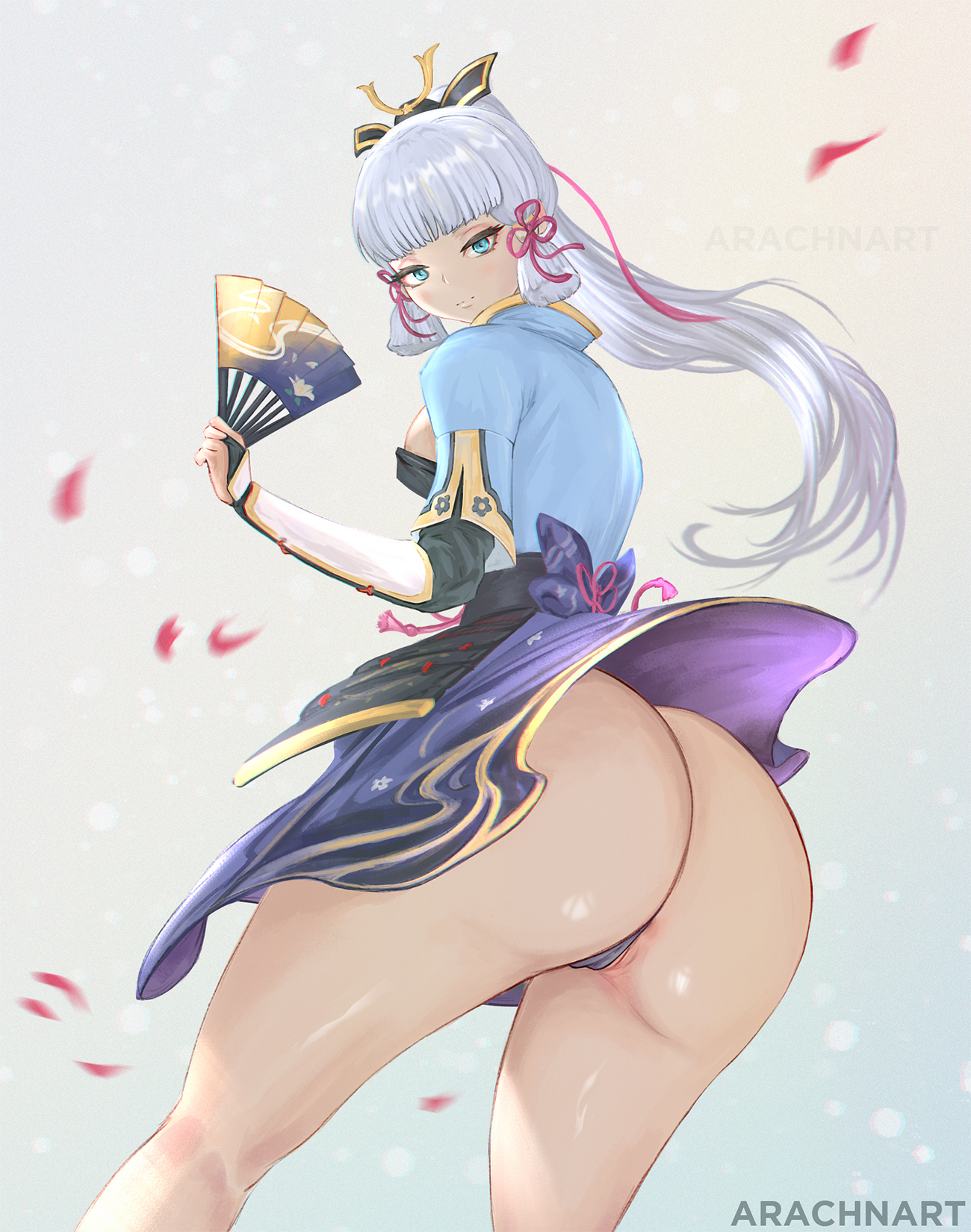 1girls, aqua eyes, arachnart, armor, armored dress, ass, blush, breasts, dress, fan, female, from behind, from below, genshin impact, hair ornament, highres, huge ass, japanese clothes, kamisato ayaka, long hair, looking at viewer, medium breasts, ponytail, pussy, shiny skin, short dress, sideboob, silver hair, smile, solo, thick ass, thighs, thong, thong aside, visible pussy