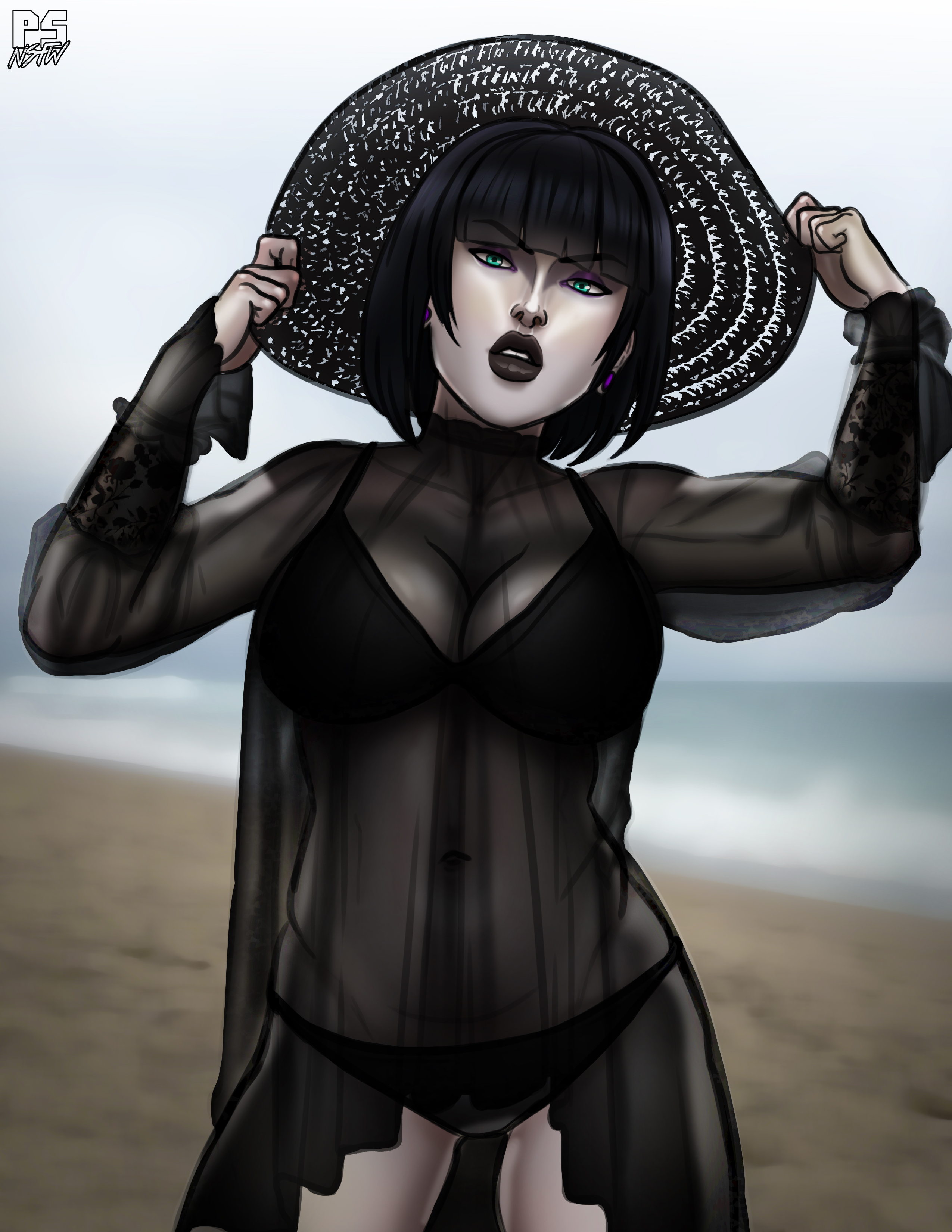 beach, big breasts, bikini, black hair, black lipstick, blue eyes, breasts, busty, female, female focus, female only, goth, hat, hourglass figure, light skin, light-skinned female, lipstick, madeline zoldak, makeup, navel, original, outdoors, outside, pale skin, pale-skinned female, pinup, pinup pose, pose, posing, pumpkinsinclair, short hair, standing, sun hat, wide hips
