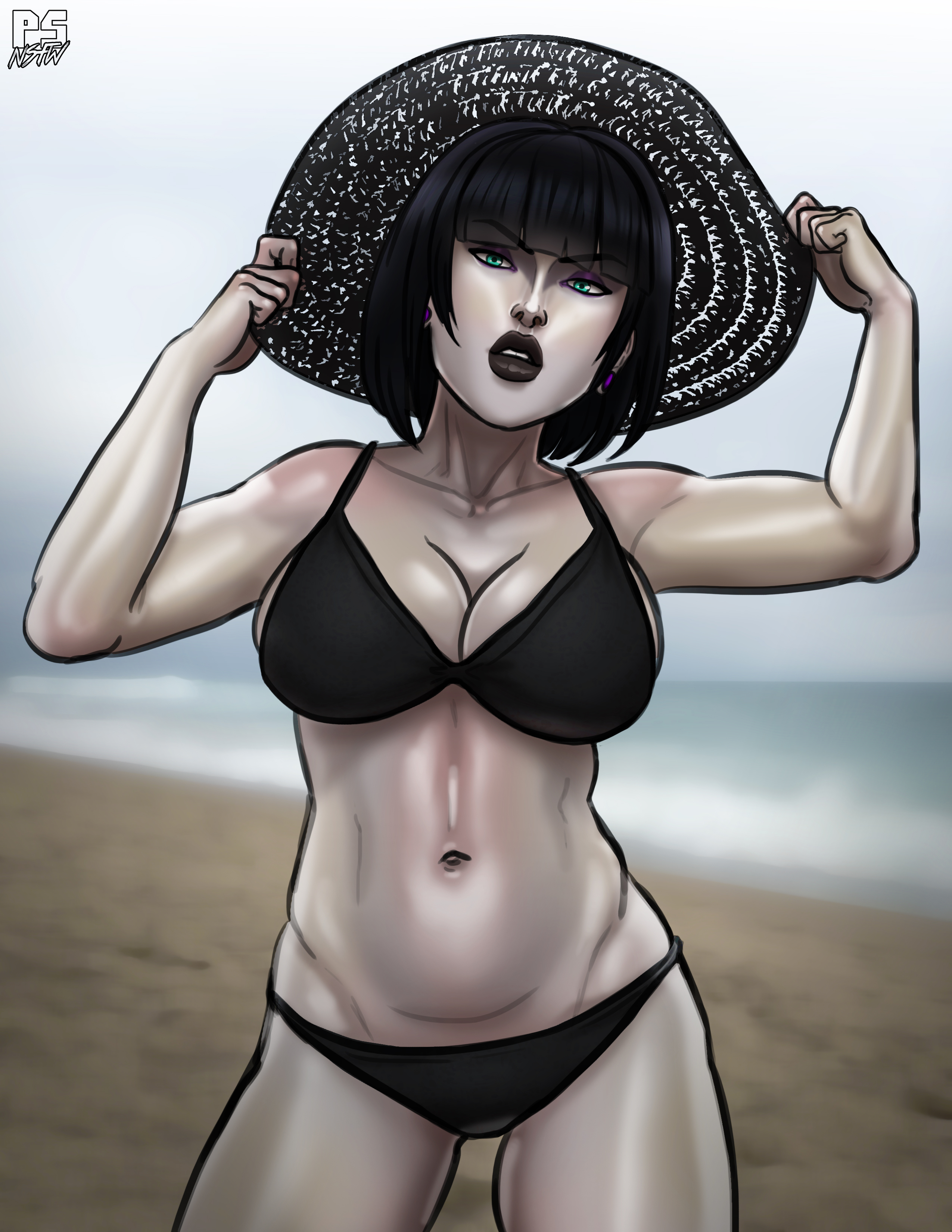beach, big breasts, bikini, black bikini, black hair, black lipstick, blue eyes, breasts, busty, female, female focus, female only, goth, hat, hourglass figure, light skin, light-skinned female, lipstick, madeline zoldak, makeup, navel, outdoors, outside, pale skin, pale-skinned female, pinup, pinup pose, pose, posing, pumpkinsinclair, short hair, standing, sun hat, wide hips