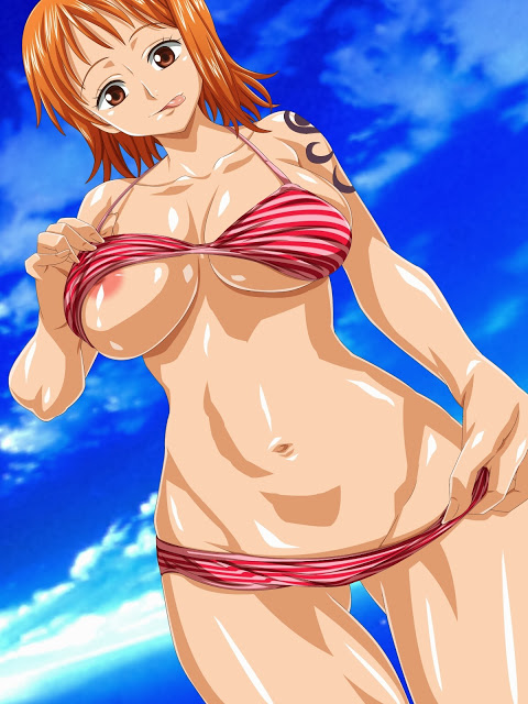 bikini blush breasts carrot_(artist) female female_only nami one_piece orange_hair short_hair sky swimsuit tagme