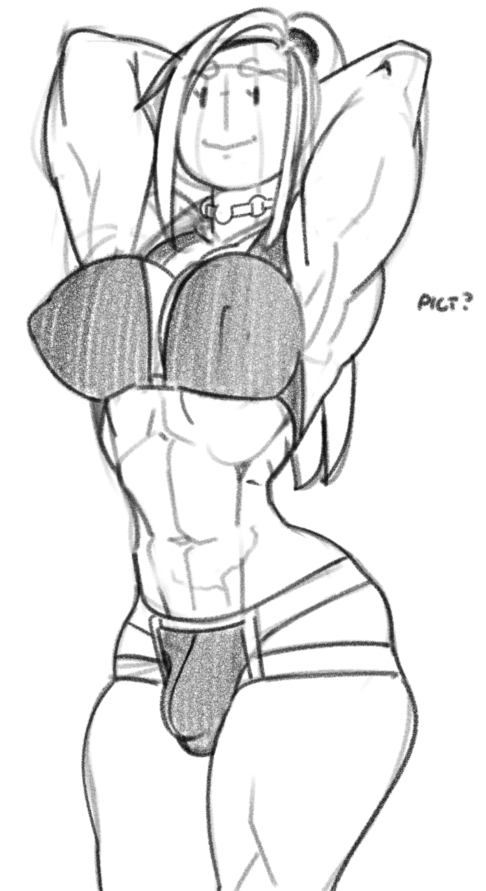 1futa abs arms_above_head athletic_futanari balls big_breasts black_and_white bra breasts chocker clothed clothing futa_only futanari humanoid ickleseed jockstrap long_hair mob_face mostly_nude muscular muscular_arms muscular_futanari muscular_legs penis pict pict_(ickleseed) posing sketch solo standing