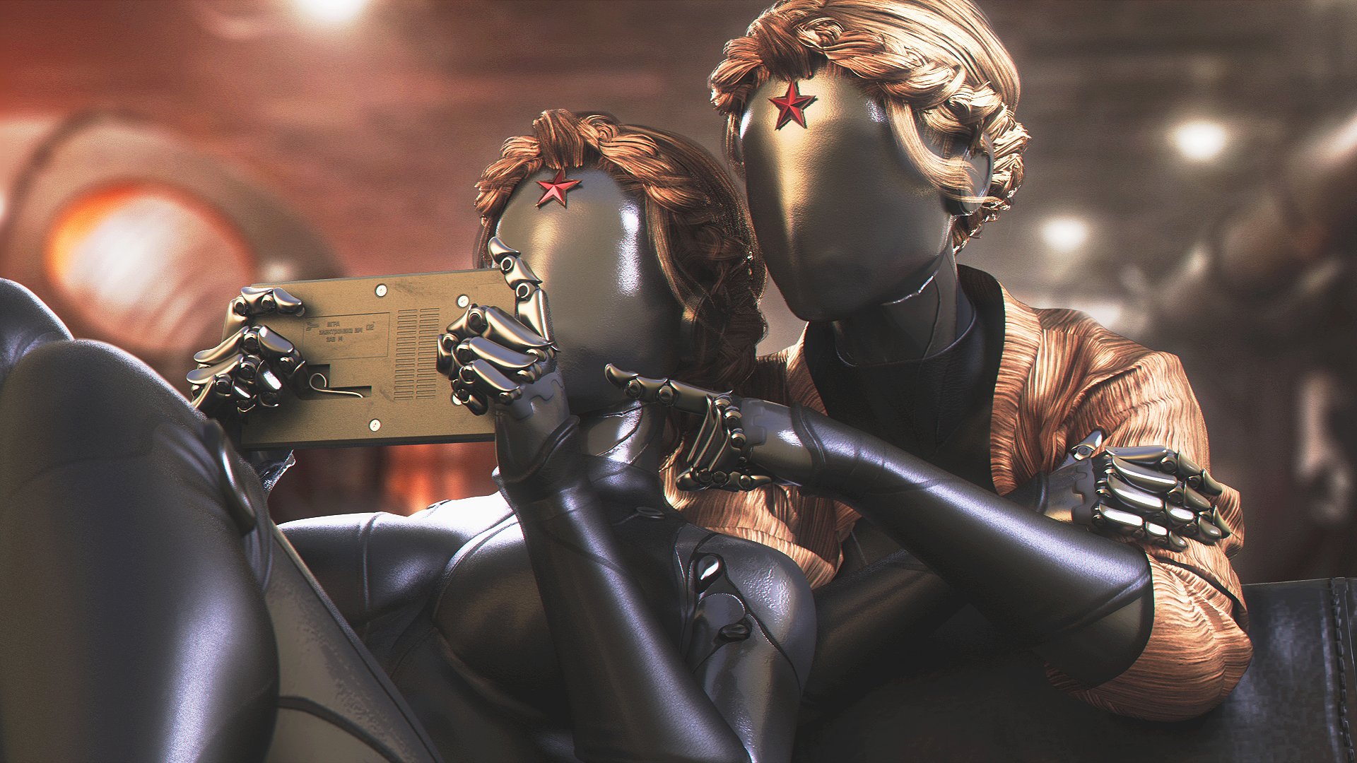 2girls, 3d, ass, atomic heart, big breasts, breasts, faceless character, faceless female, female, female only, gynoid, heart, huge ass, left (atomic heart), right (atomic heart), robot girl, the twins (atomic heart), thick ass, thick thighs, wide hips, word2