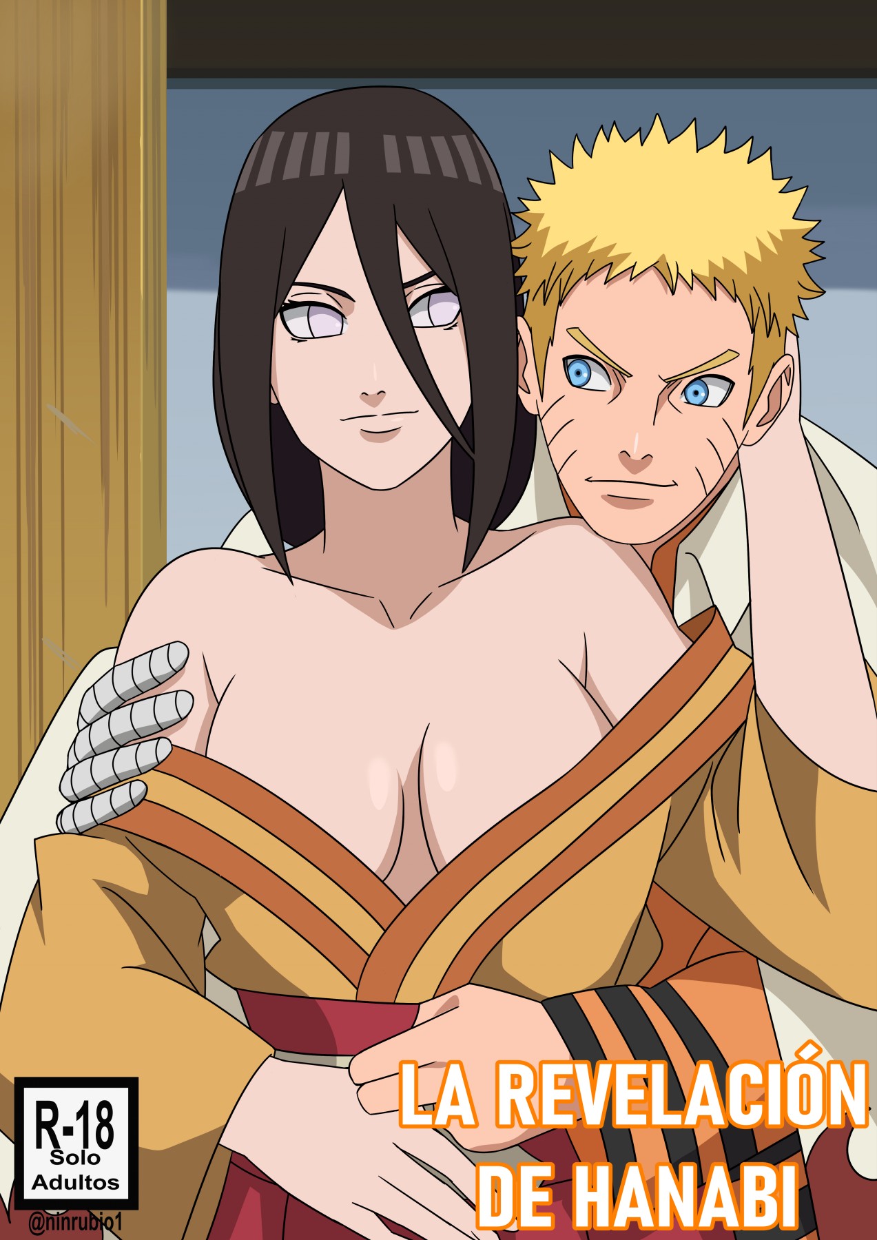 1girls, bare chest, bare shoulders, blonde hair, blue eyes, boruto: naruto next generations, brother in law and sister in law, brown hair, cheating, cheating husband, comic, comic cover, female, grabbing, grabbing from behind, hyuuga hanabi, kimono, looking at another, male, naruto, naruto (series), naughty face, ninrubio, no bra, open clothes, open kimono, smirk, spanish text, straight, text, uzumaki naruto, white eyes