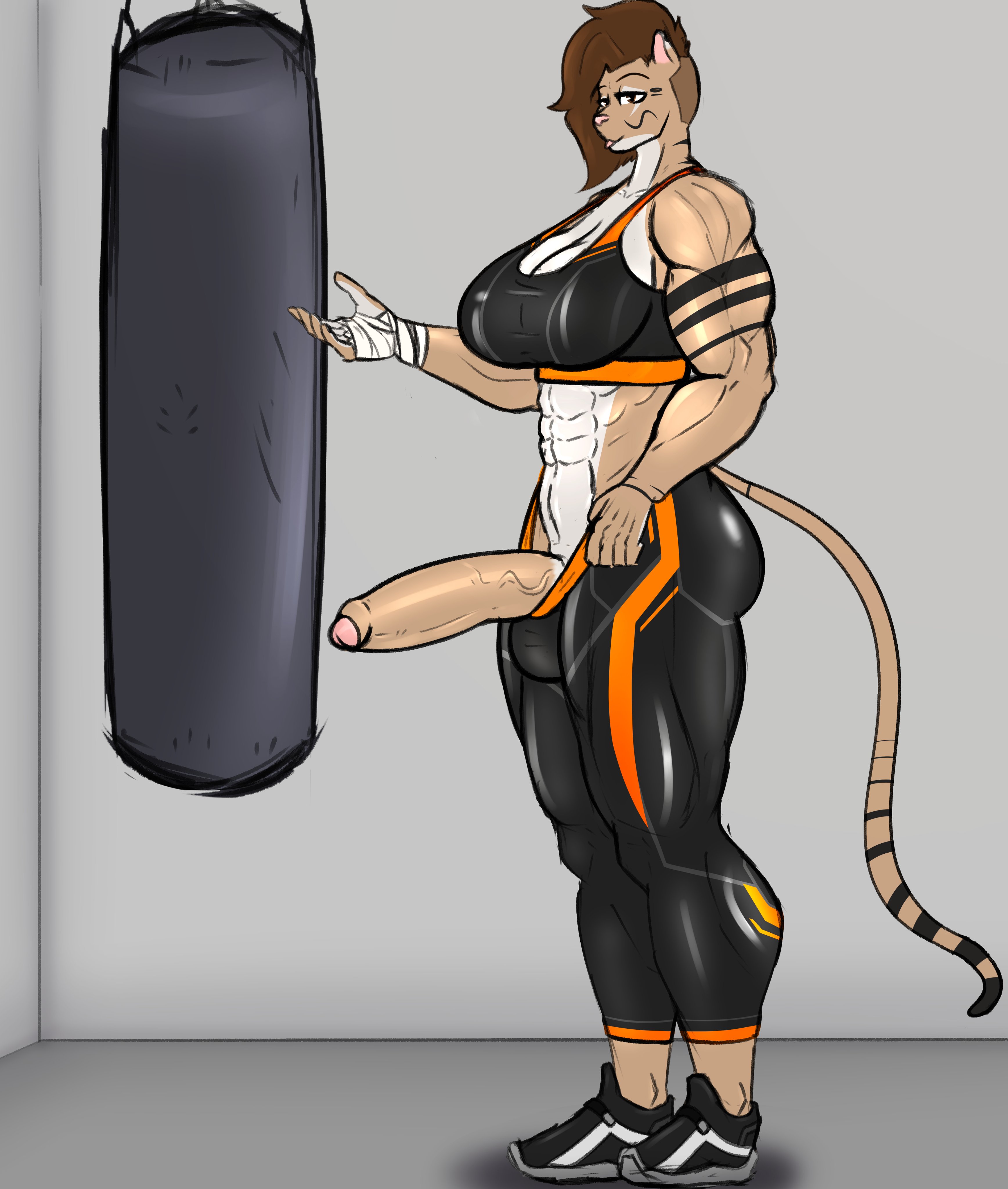 1futa, anthro, ass, big ass, big breasts, big penis, breasts, bubble ass, bubble butt, bulge, clothed, clothing, feline, foreskin, furry, futa only, futanari, huge ass, huge cock, intersex, jigglephysics, kardia (jigglephysics), mostly clothed, partially retracted foreskin, penis, penis out, punching bag, retracted foreskin, solo, standing, tagme, uncircumcised, uncut, workout clothes