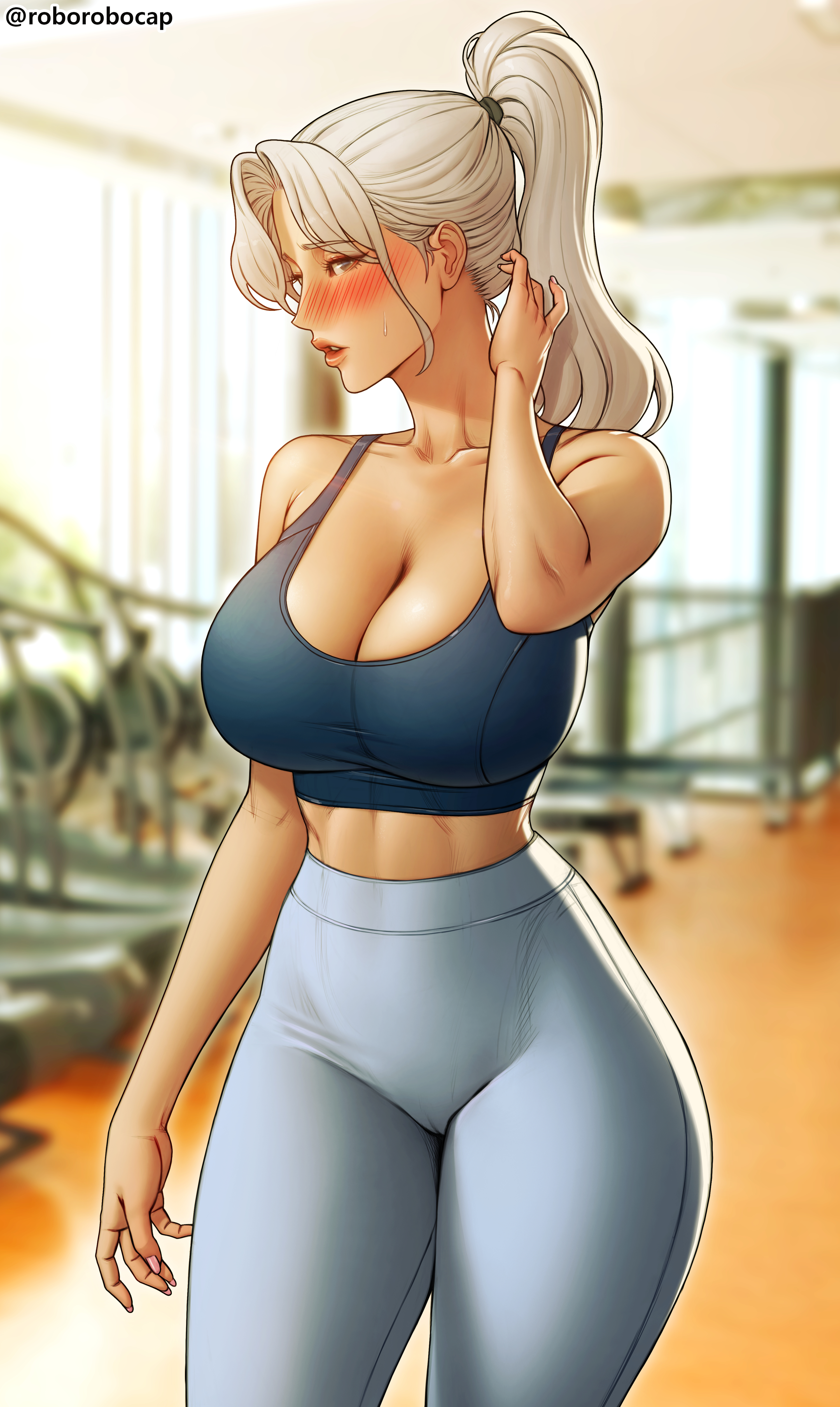 1girls, big breasts, blush, blushing, breasts, busty, ceo and bodyguard, cleavage, curvaceous, curvy, curvy body, curvy female, curvy figure, female, female human, fit, fit female, full lips, hourglass figure, huge breasts, human, human male, large breasts, light skin, light-skinned female, male, mature female, original, original character, ponytail, roborobocap, slim waist, sports bra, sportswear, thick thighs, thighs, tight pants, voluptuous, wide hips, yena lee (roborobocap), yoga pants