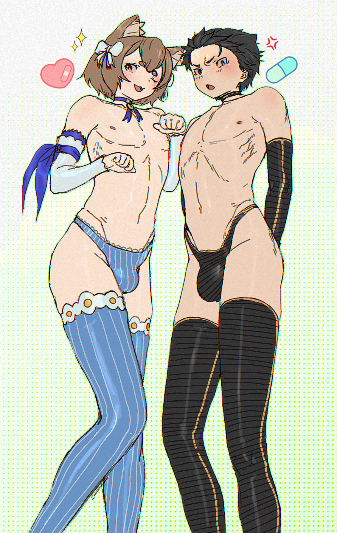 ;3, 2023, 2boys, black hair, brown eyes, brown hair, bulge, cat boy, cat ears, catboy, choker, felix argyle, femboy, half naked, highres, low-angle view, male, male only, natsuki subaru, nipples, orange eyes, penis, penis under clothes, re:zero kara hajimeru isekai seikatsu, short hair, striped legwear, striped panties, stripes, thick thighs, thigh socks, thighhighs, thong, twink, white background