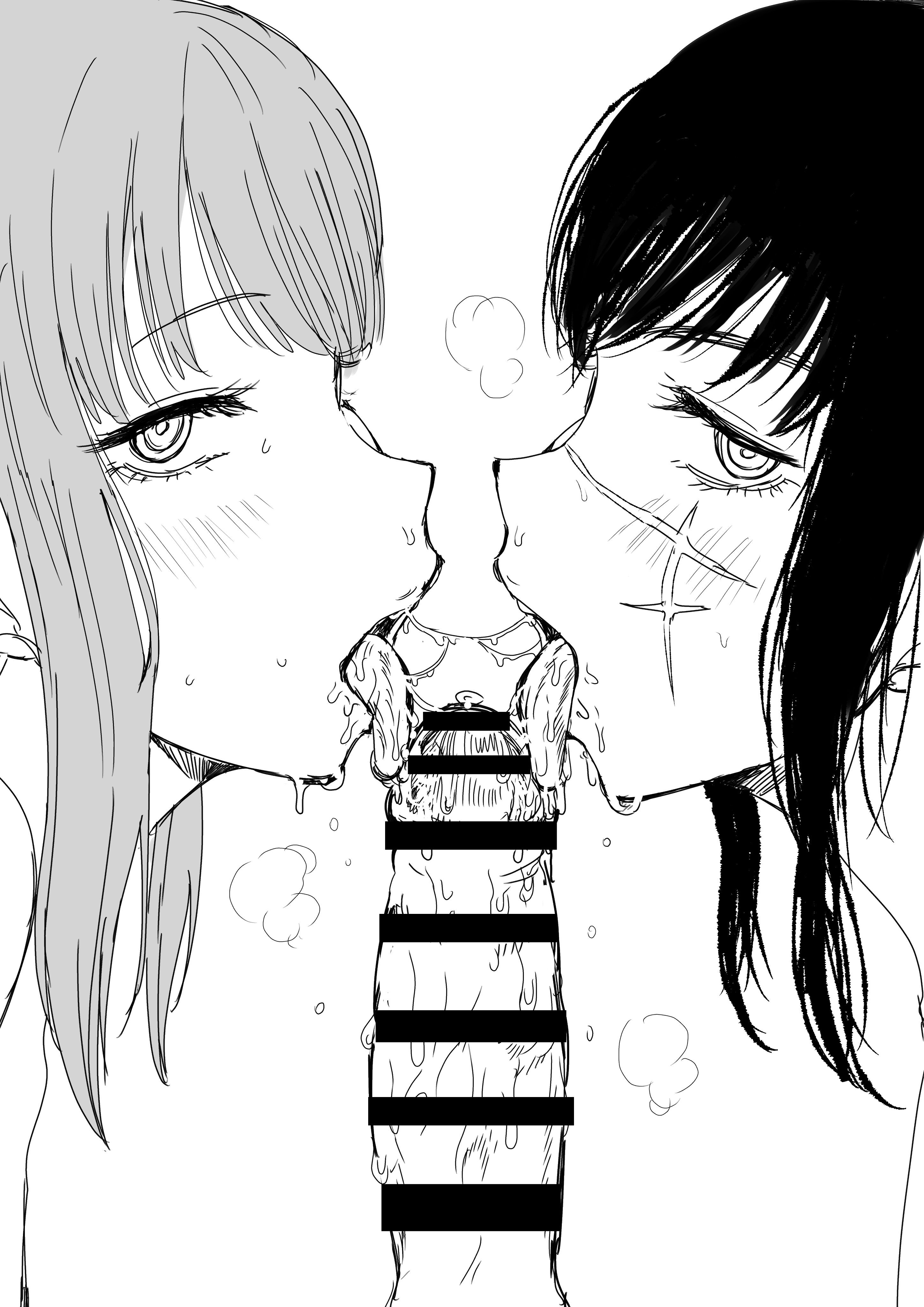 1boy, 2girls, absurdres, bar censor, blush, breath, censored, chainsaw man, collaborative fellatio, cooperative fellatio, double fellatio, drooling, erection, face-to-face, fellatio, female, greyscale, heavy breathing, highres, kaiman garupan, licking, licking penis, long hair, looking at viewer, makima (chainsaw man), male, monochrome, multiple girls, open mouth, oral, penis, portrait, pov, precum, profile, ringed eyes, saliva, saliva trail, scar, scar on face, sidelocks, simple background, straight, sweat, teamwork, white background, yoru (chainsaw man)
