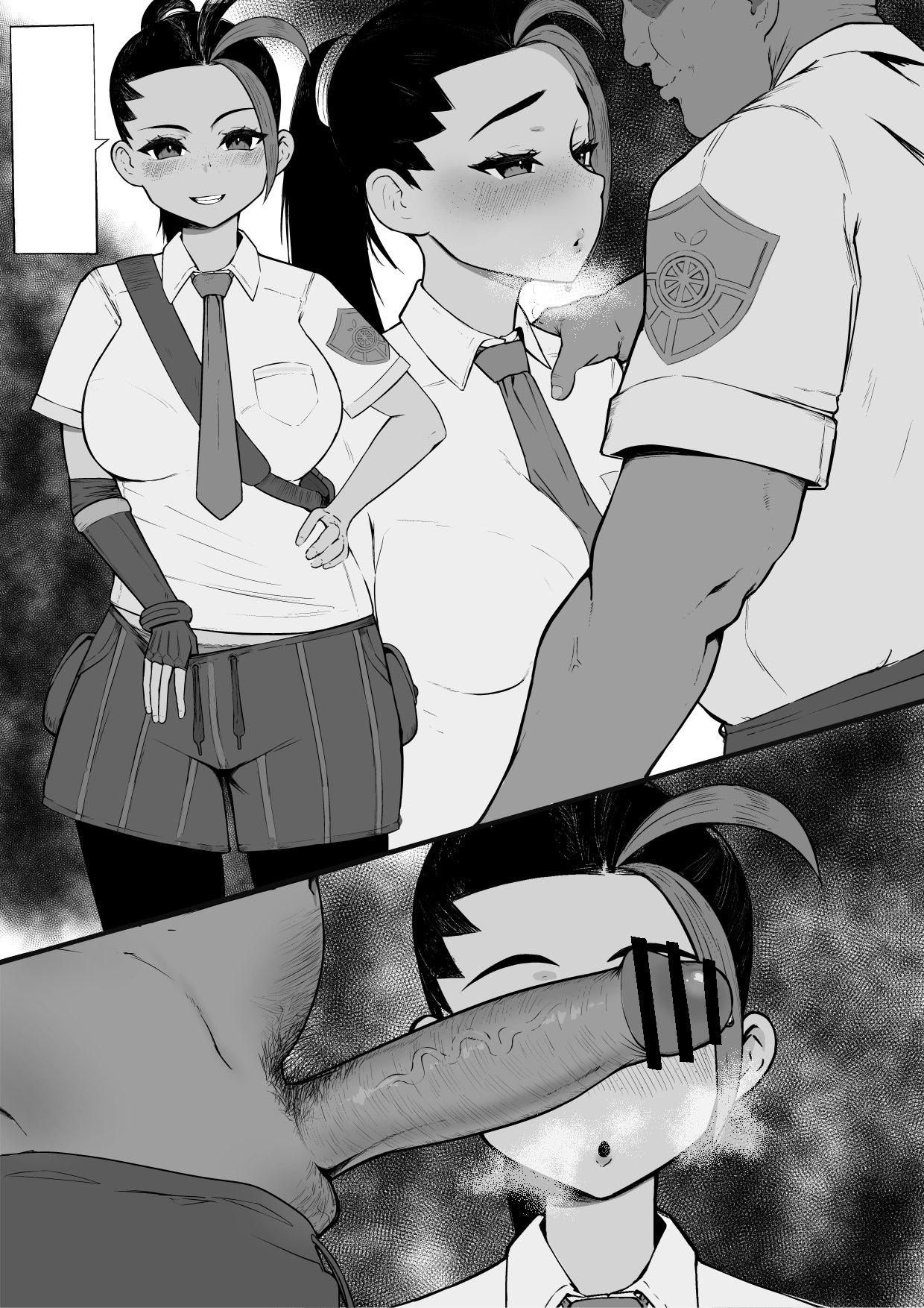 1boy, 1girls, artist request, cant see the haters, censored, erection, female, male, monochrome, nemona (pokemon), penis, penis awe, penis on face, pokemon, pokemon sv, school uniform, schoolgirl, young