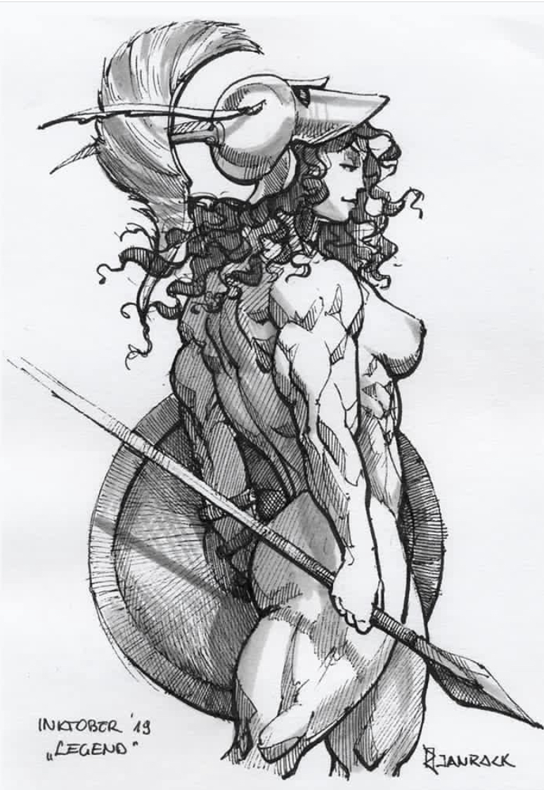 1girls abs ancient_greece artist_name artist_signature aspis ass back_muscles black_hair breasts corinthian_helmet curly_hair greek greek_female greek_mythology helmet helmet_only heroic_nudity history holding_polearm holding_weapon hoplite inktober janrock long_hair looking_back looking_over_shoulder medium_breasts monochrome muscular muscular_arms muscular_ass muscular_back muscular_female muscular_legs muscular_thighs nipples nude obliques polearm shield side_view smirk soldier solo solo_female spartan spear thick_thighs thighs triceps weapon