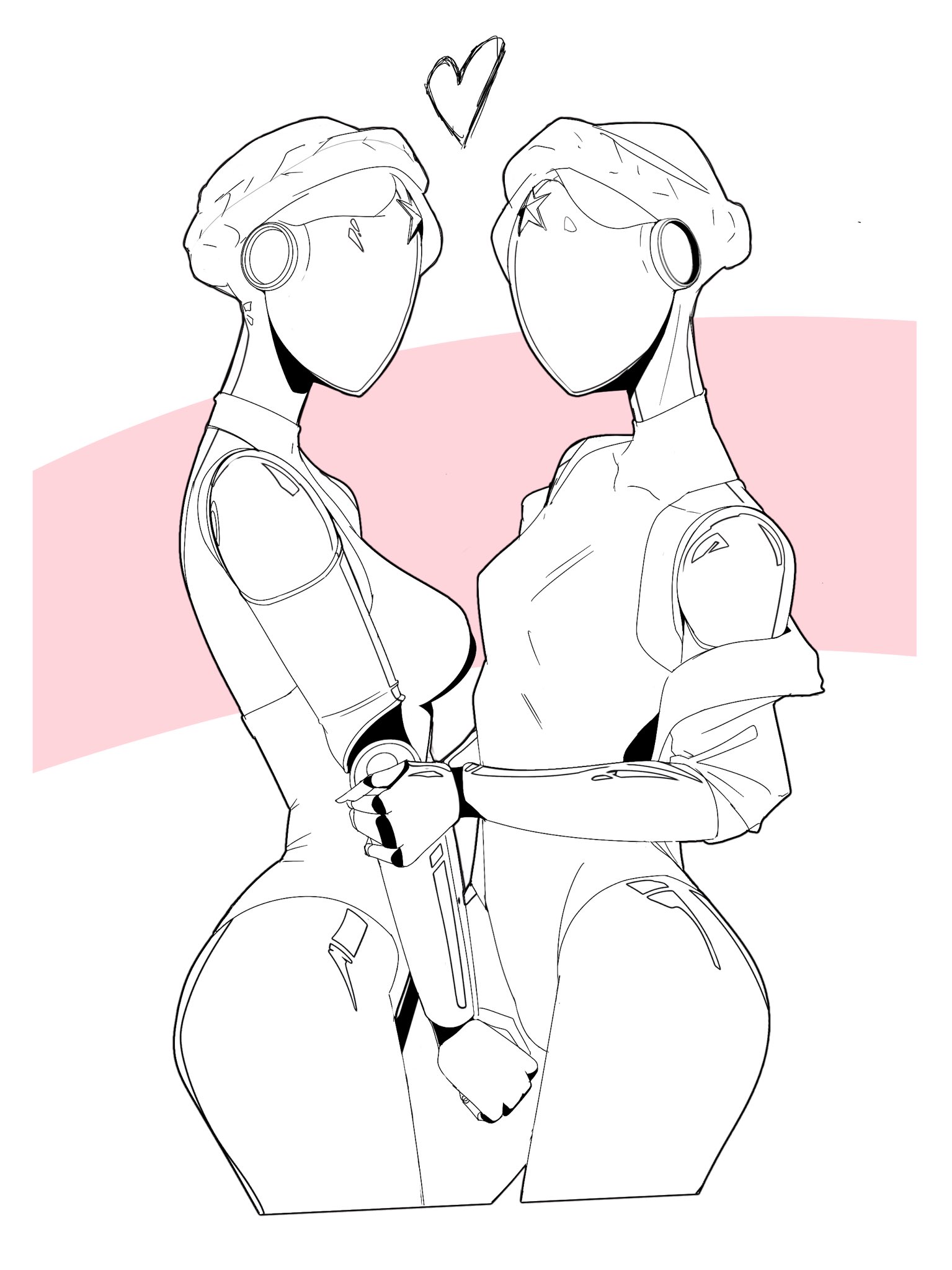 2girls, atomic heart, faceless, faceless character, faceless female, female, female only, gynoid, heart, holding arm, looking at viewer, robot girl, simple background, slender waist, spot color, the twins (atomic heart), thick thighs