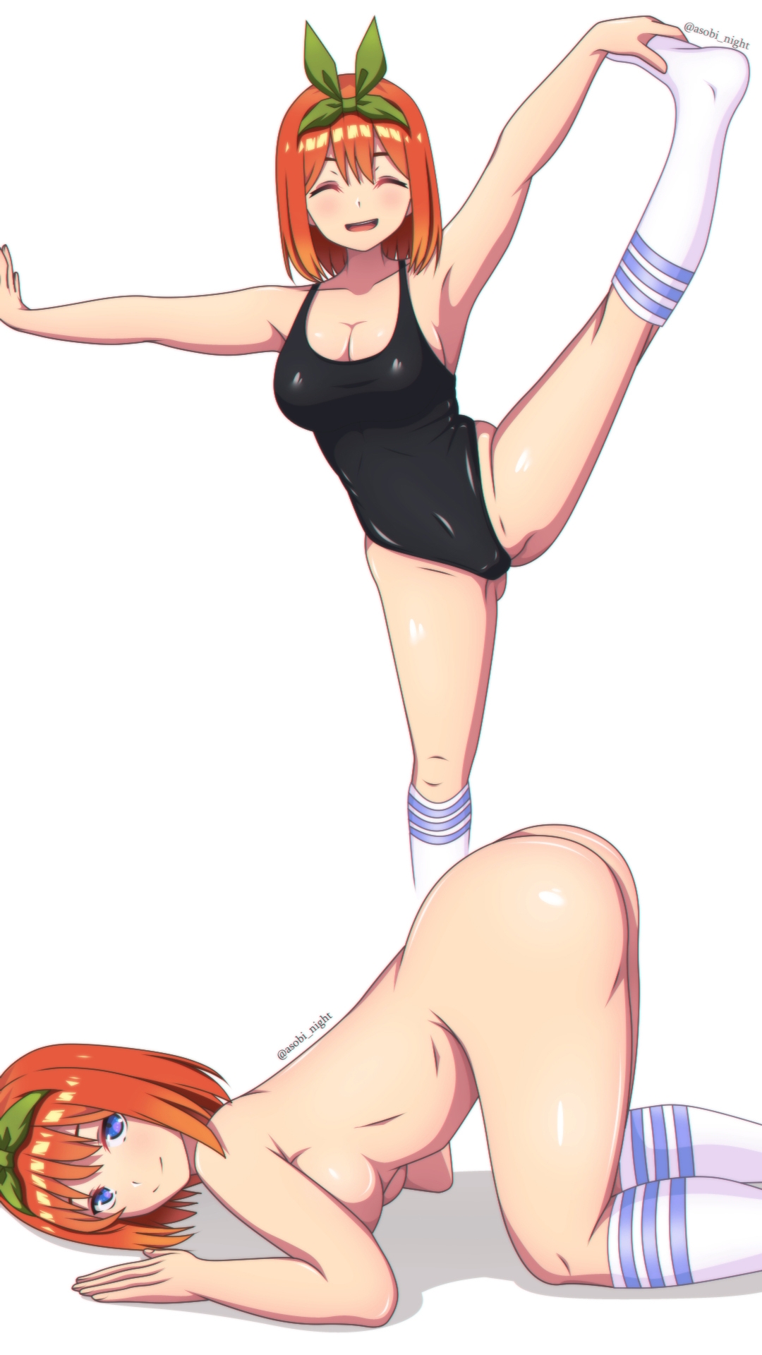 all fours, armpits, artist name, asobi night, ass, bangs, black leotard, blue eyes, breasts, cleavage, closed eyes, collarbone, completely nude, covered navel, female, flexible, gluteal fold, go-toubun no hanayome, green ribbons, groin, hair ribbon, highres, huge ass, large breasts, leg up, leotard, looking at viewer, nakano yotsuba, nude, open mouth, orange hair, ribbon, short hair, sideboob, simple background, smile, socks, striped, striped socks, thighs, top-down bottom-up, underboob, white background, white socks, wide hips