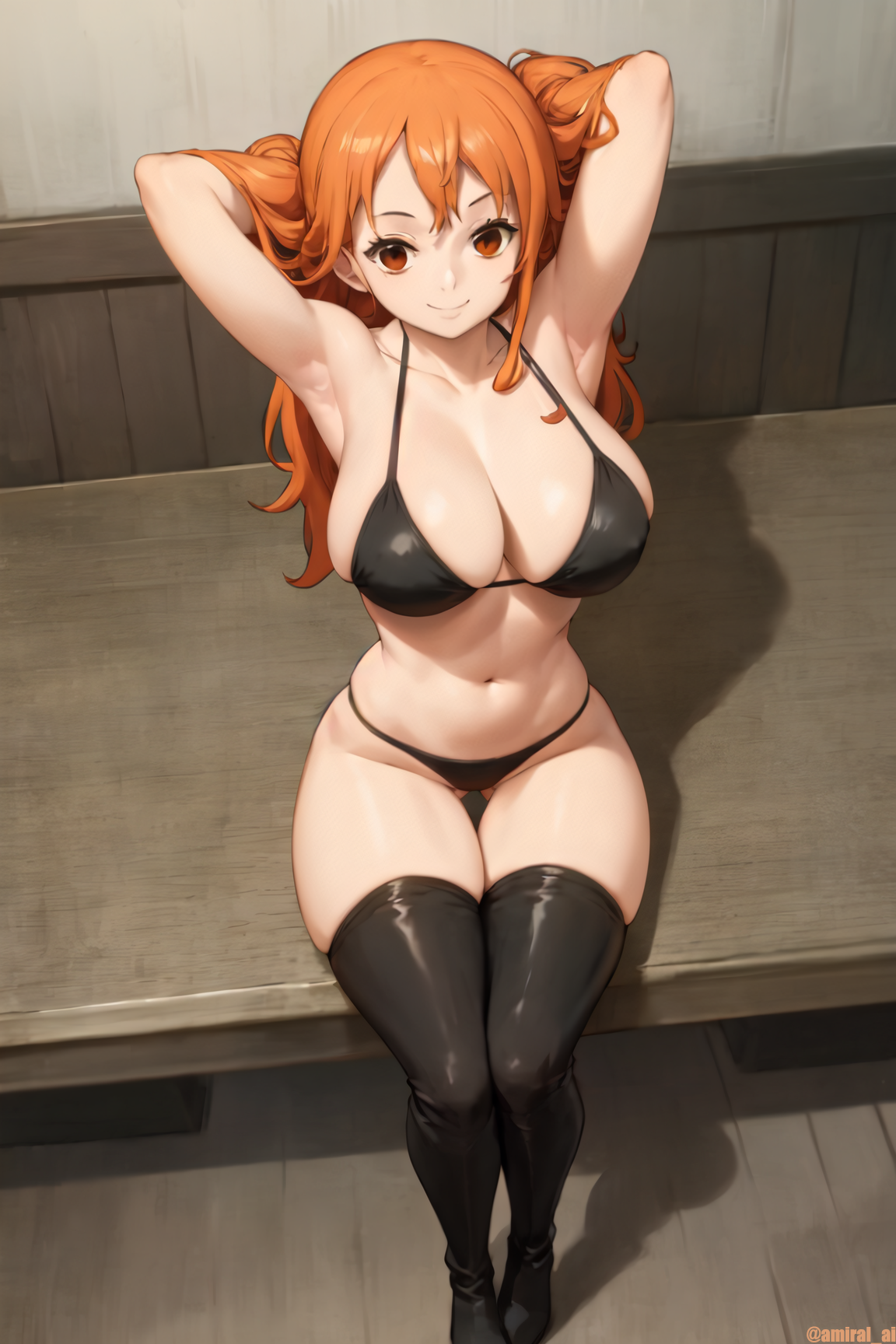 1girls, ai generated, amiral ai, armpits, arms up, bikini, black bikini, breasts, female, female only, huge breasts, legwear, long hair, looking at viewer, nami (one piece), navel, one piece, orange hair, post-timeskip, presenting armpit, slim waist, smile, thick thighs