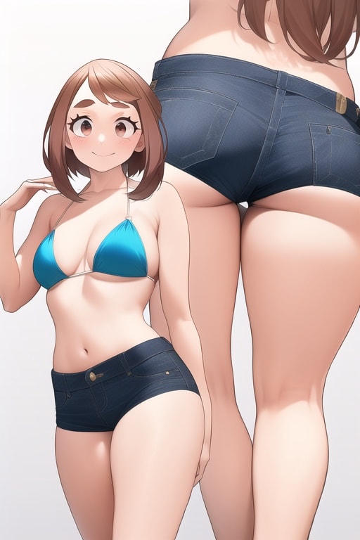 ai generated, bare arms, bikini, bikini top only, blue bikini, blush, breasts, brown eyes, brown hair, closed mouth, collarbone, commentary request, eyelashes, female, hand up, kneepits, looking at viewer, multiple views, my hero academia, nai diffusion, navel, ochako uraraka, short shorts, shorts, sidelocks, smile, stable diffusion, swimsuit, underbutt, white background