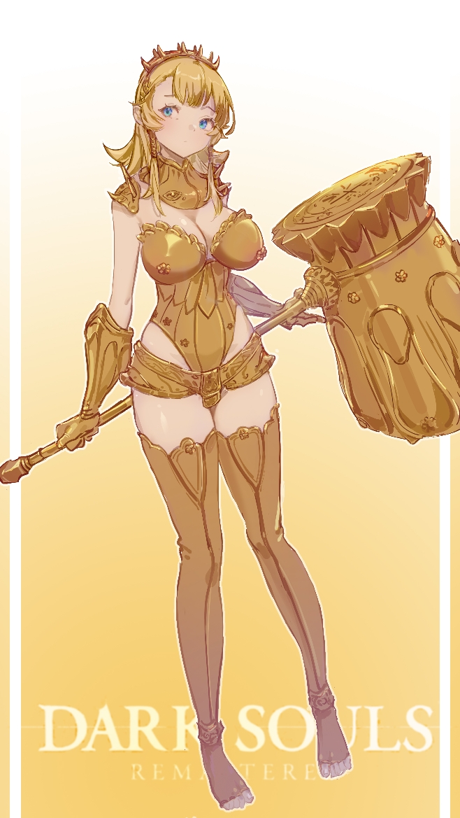 ao_wu_a_wei armor big_breasts blonde_hair blue_eyes boots breastplate cleavage dark_souls executioner_smough female female_knight female_only fromsoftware gauntlets genderswap_(mtf) gold_(metal) hair_ornament hammer knight leotard medium_hair pauldrons rule_63 solo thigh_boots thighhighs weapon