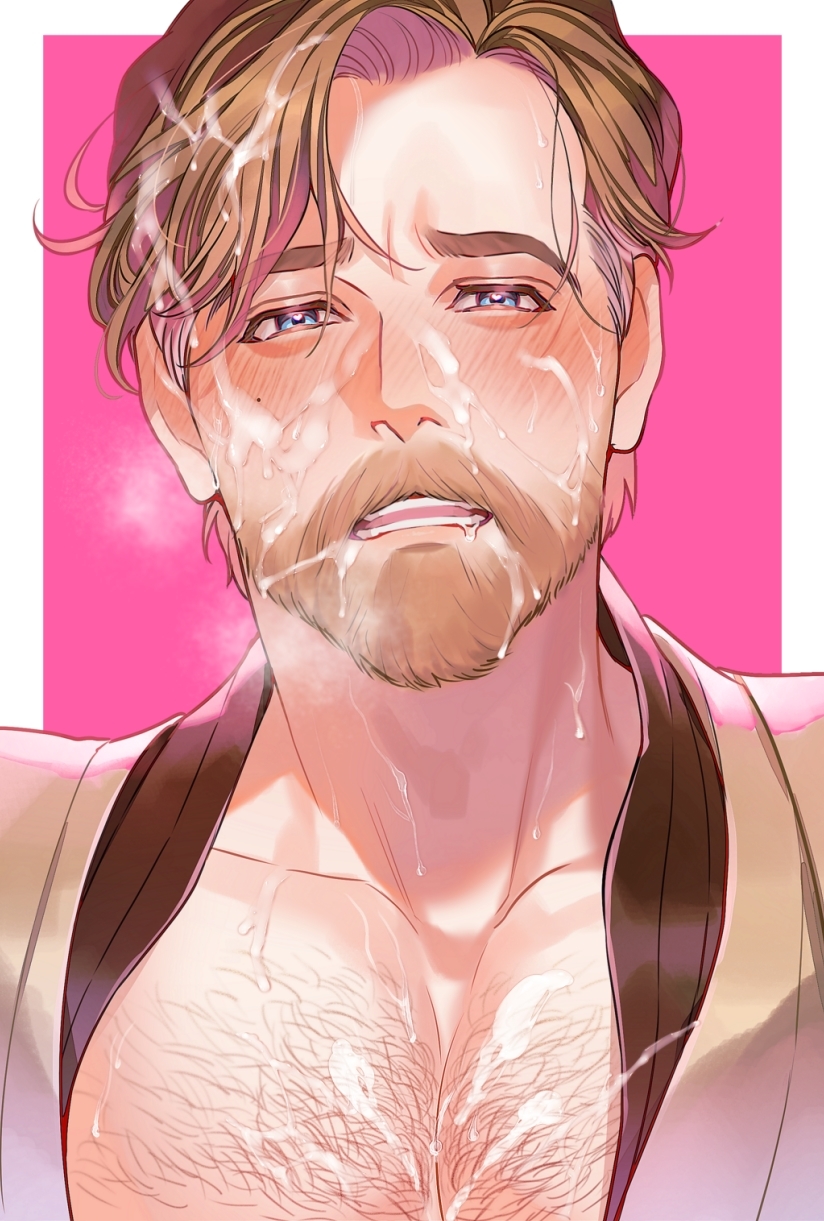 1boy beard blonde_hair blue_eyes blush cum cum_on_chest cum_on_hair facial facial_hair highres implied_yaoi male_focus mole mole_under_eye obi-wan_kenobi open_mouth pensan pink_background solo_male star_wars star_wars:_revenge_of_the_sith