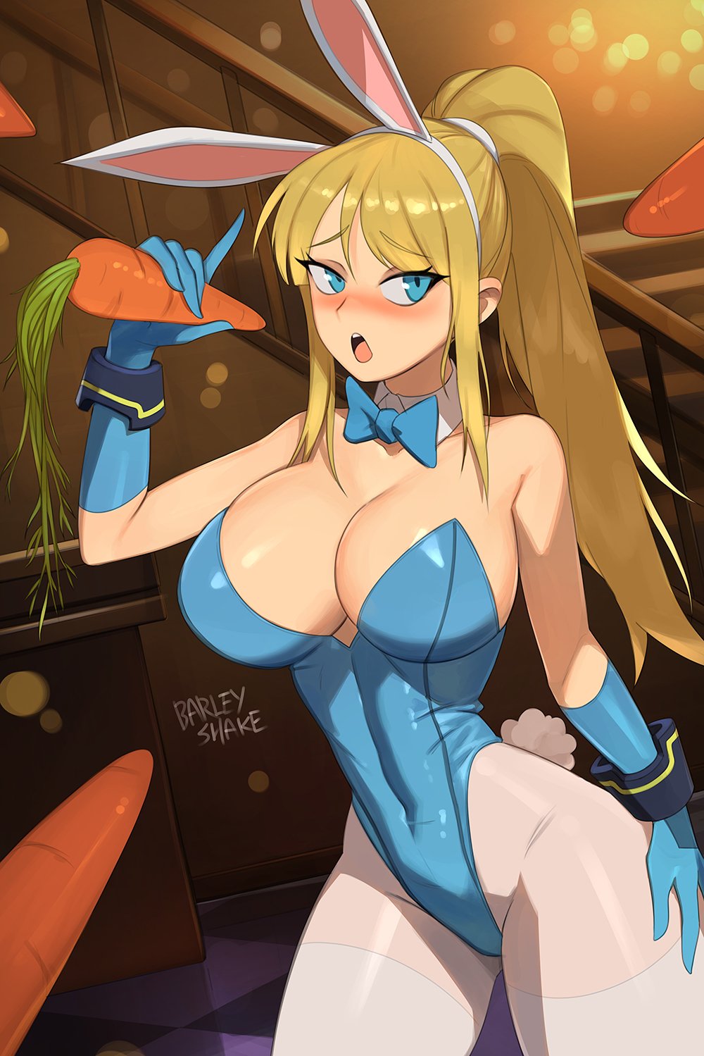 1girls, alternate costume, barleyshake, blonde hair, blue eyes, breasts, bunny ears, bunnysuit, cleavage, curvy, female, female only, fully clothed, gloves, huge breasts, metroid, nintendo, revealing clothes, samus aran, solo, tagme, tight clothing