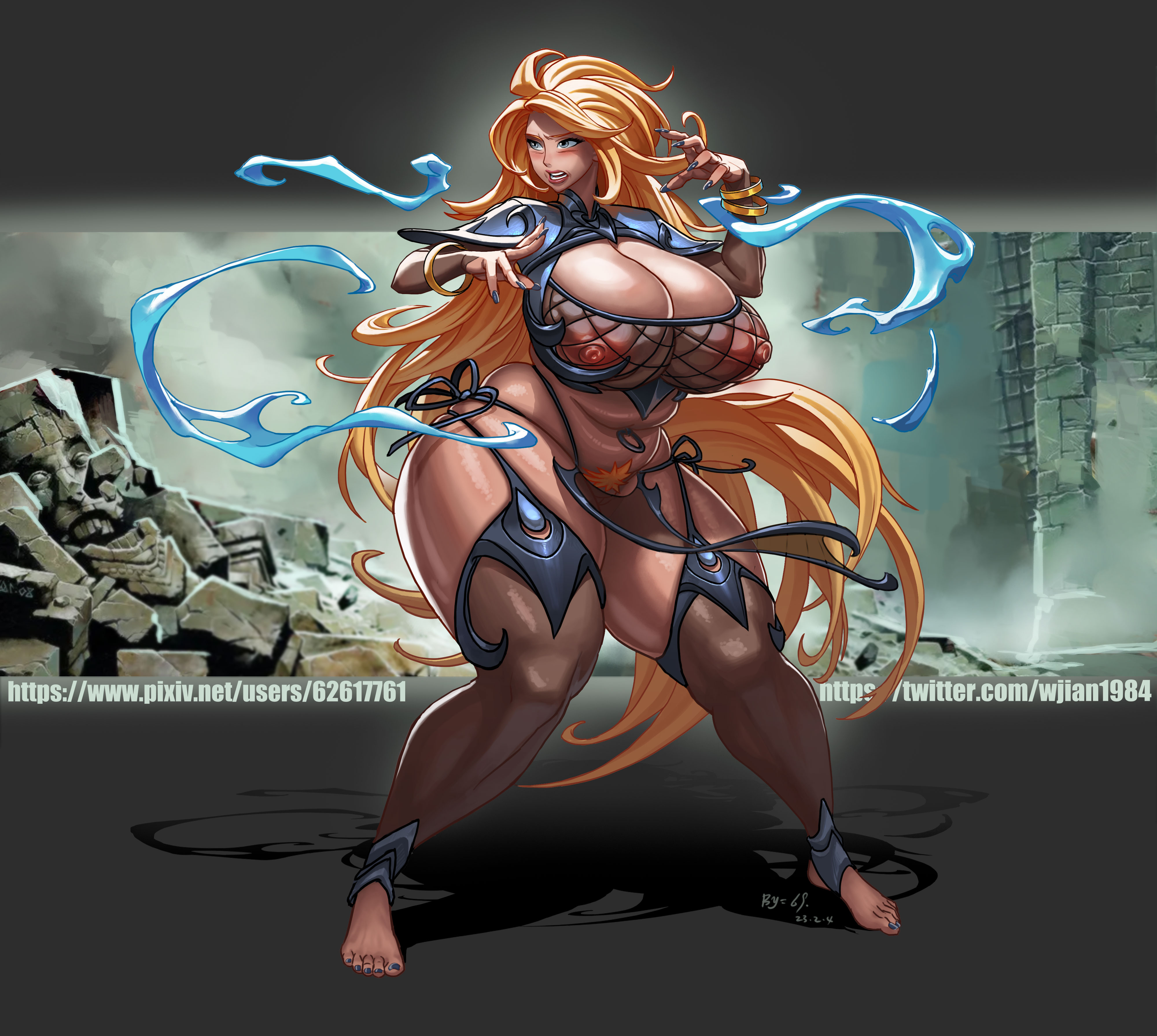 1girls, 69 (artist), areolae, ass, big breasts, blonde hair, blue eyes, blush, breasts, feet, female, female only, full body, huge breasts, large breasts, light skin, light-skinned female, long sleeves, looking away, nipples, pubes, pubic hair, revealing clothes, solo, solo female, solo focus, standing, thick, thick ass, thick thighs, very long hair, voluptuous, yellow hair