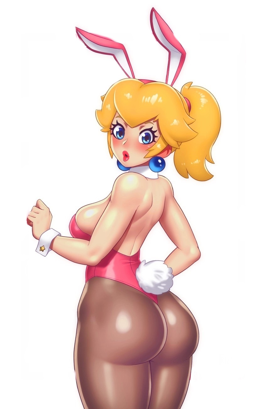 1girls, accessory, ass, ass focus, back view, big ass, blonde hair, blue eyes, blush, breasts, bunny ears, bunny tail, bunnysuit, earrings, eyelashes, female, female only, from behind, huge ass, light skin, light-skinned female, lipstick, long hair, looking at viewer, looking back, mario (series), nice ass, nintendo, open mouth, pantyhose, ponytail, princess peach, rizdraws, shiny skin, sideboob, simple background, solo, source request, standing, thick lips, thick thighs, white background, wide hips, year request
