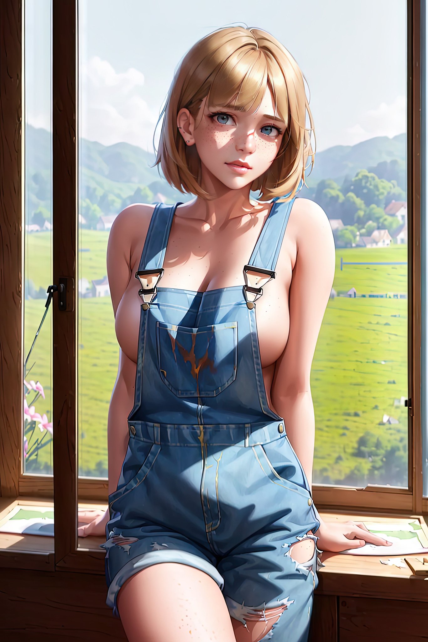 1girls, 2023, ai generated, big breasts, blonde hair, breasts, curvy figure, denim clothing, female, female focus, female only, hi res, looking at viewer, medium hair, seductive look, short hair, stable diffusion