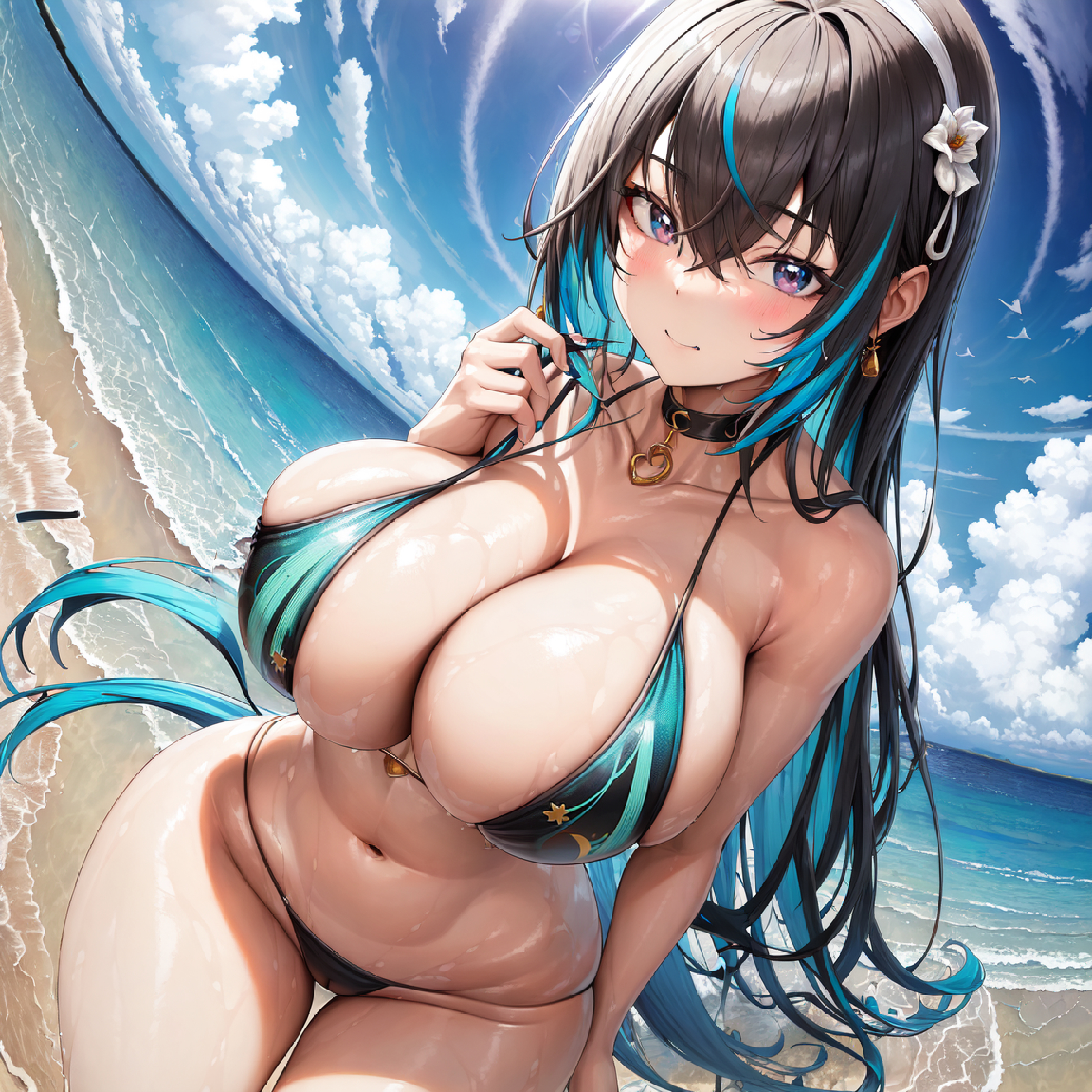 1girls, 2023, ai generated, bikini, black hair, curvaceous, curvy body, curvy figure, female, female focus, female only, green bikini, hi res, high resolution, long hair, milf, stable diffusion, voluptuous, voluptuous female, wet bikini