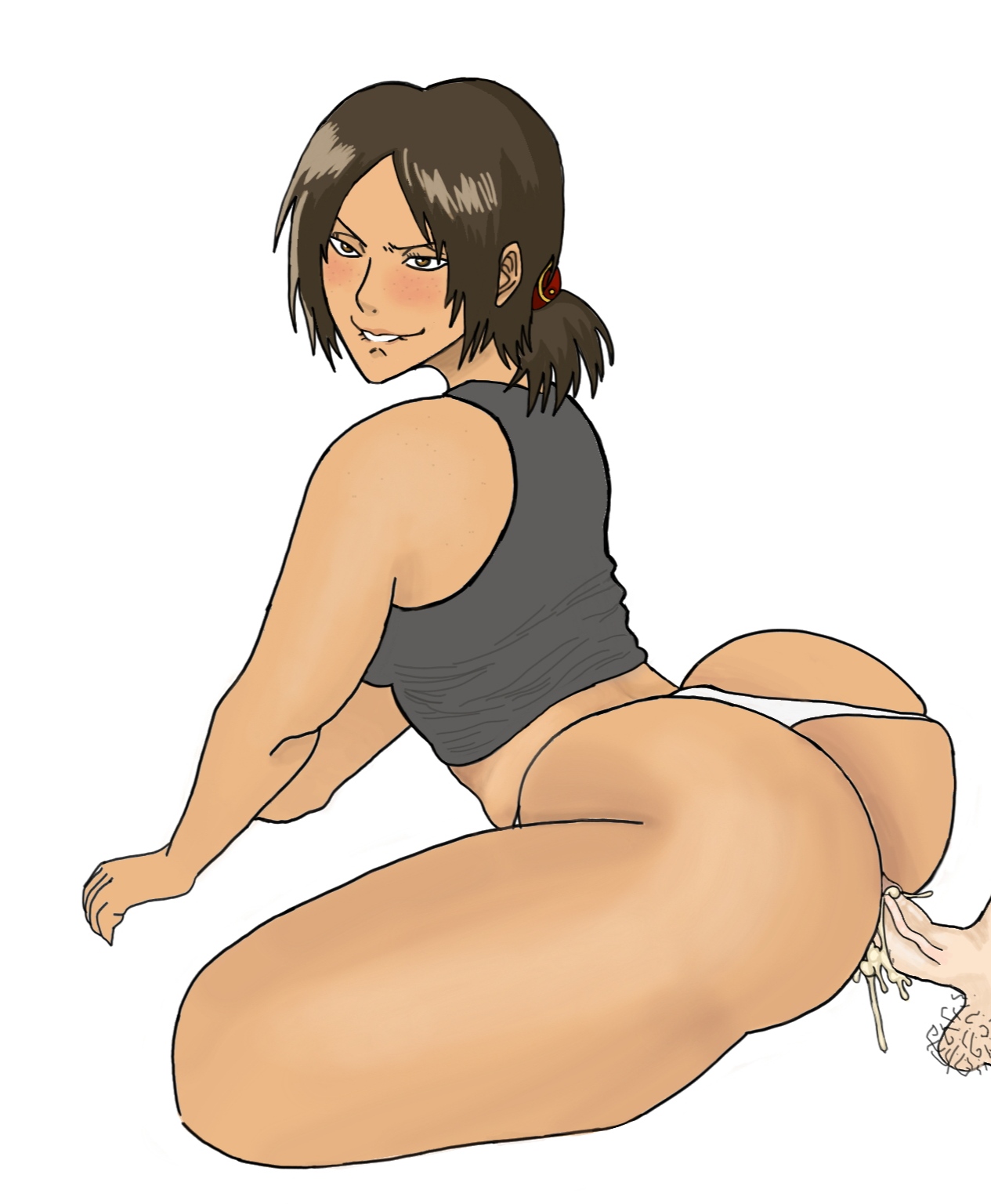 1boy, 1girls, ass, attack on titan, baddiesart, balls, big ass, big penis, big thighs, biting lip, brown eyes, brown hair, bubble ass, bubble butt, cheating, crop top, cum, cum in pussy, cum inside, dark brown hair, ejaculation, ejaculation while penetrated, faceless male, female, from behind, girlfriend, hairy balls, huge ass, insemination, light skin, light-skinned male, male, maledom, mischievous smile, netorare, penis, plain background, pussy, semen, sex, shingeki no kyojin, smirk, smirking, solo focus, straight, tan skin, tan-skinned female, testicles, thick, thong aside, tied hair, vaginal penetration, veiny penis, voluptuous, white background, white thong, wide hips, ymir (shingeki no kyojin)