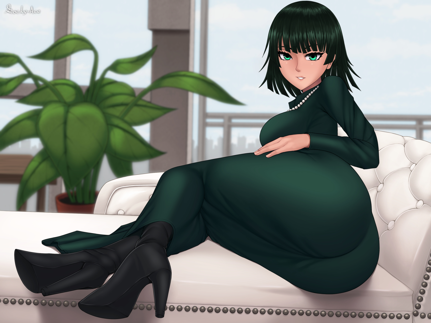 1girls, ass, back view, bangs, big ass, big breasts, big butt, boots, breasts, busty, clothed, clothing, couch, curvaceous, curvy, curvy body, curvy female, curvy figure, dark green hair, dress, fat ass, female, fringe, fubuki (one-punch man), full body, green eyes, green hair, heels, hips, hourglass figure, huge ass, indoors, large ass, legs, legs together, light skin, light-skinned female, lips, lipstick, medium hair, necklace, one-punch man, presenting, presenting ass, rocky-ace, round ass, short hair, sideboob, sitting, skirt, smile, solo, thick, thick ass, thick thighs, thighs, voluptuous, wide hips
