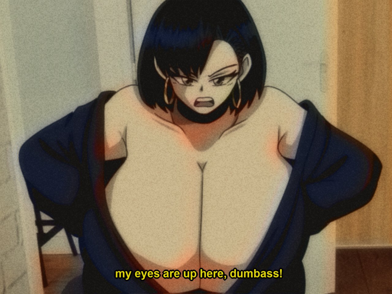 1boy 1girls 2023 annoyed black_hair choker cleavage coloredyiddies dialogue gigantic_breasts hoop_earrings huge_breasts lei_(coloredyiddies) lueduartv massive_breasts off_shoulder pale_skin red_eyes retro_artstyle short_hair sweater text tsundere