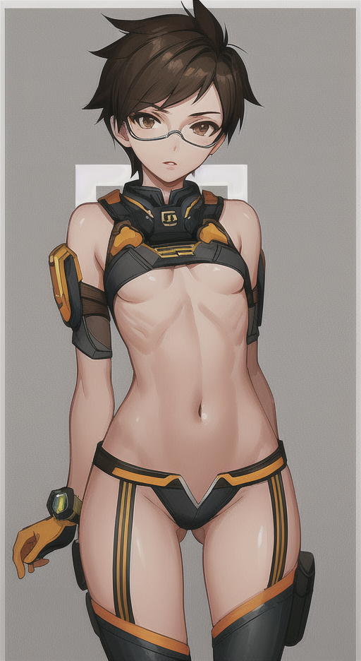 ai generated, athletic, athletic female, blizzard entertainment, breasts, brown hair, cute, female, human, lena oxton, overwatch, overwatch 2, small breasts, stable diffusion, tracer