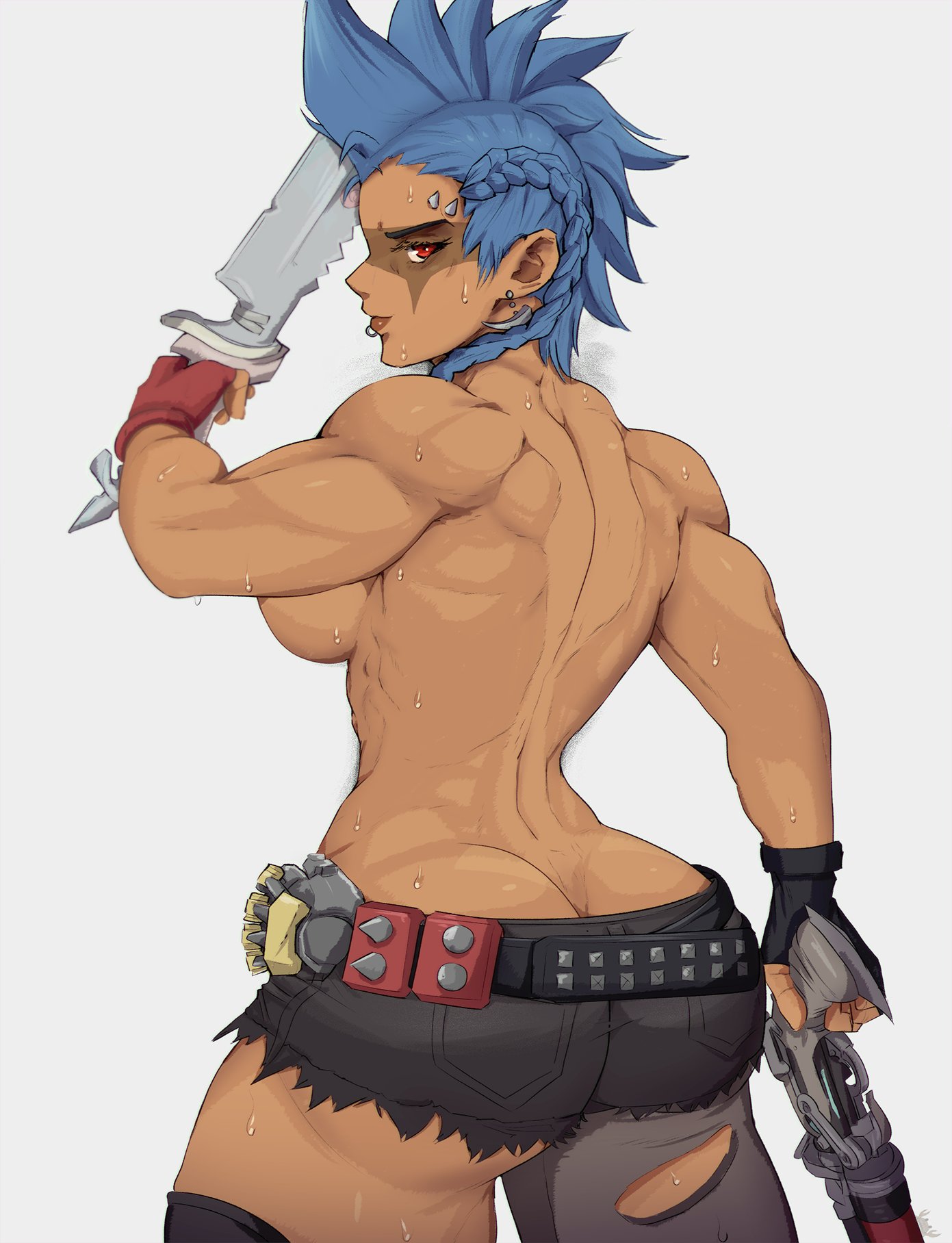 1girls, 2d, areolae, ass, ass cleavage, ass crack, back muscles, belt, big ass, blue hair, booty shorts, butt crack, dark skin, dark-skinned female, fat ass, female, gun, hi res, high heels, high res, huge ass, jewelry, junker queen, knife, large ass, looking at viewer, looking back, muscles, muscular, muscular female, overwatch, overwatch 2, piercing, red eyes, ripped clothing, shorts, simple background, standing, sweat, thick thighs, thighs, weapon, white background, yoracrab