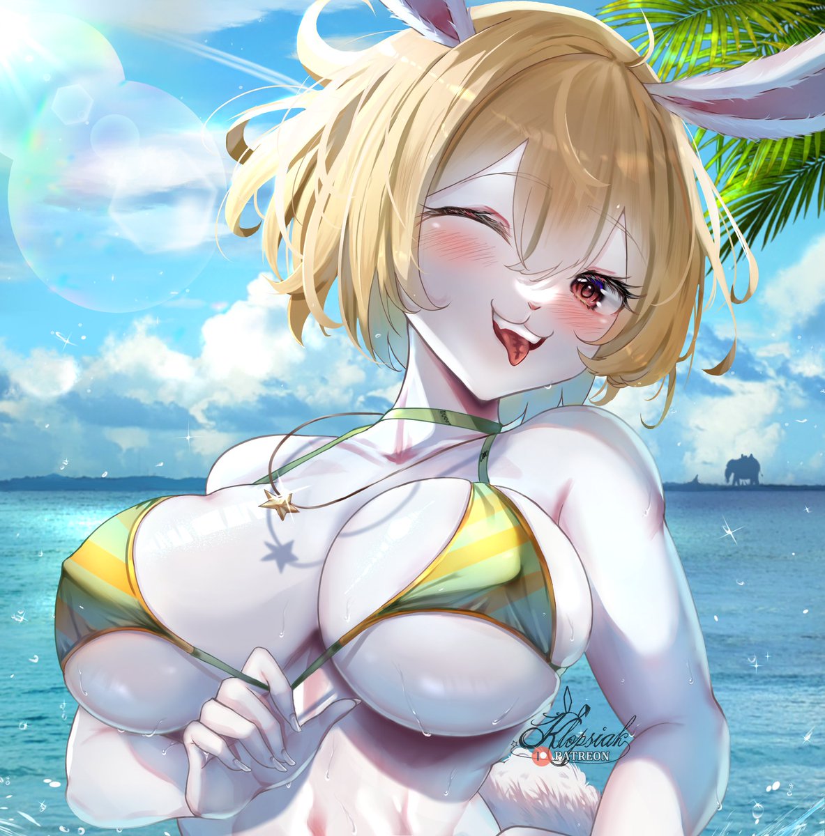 ahoge anthro bangs bare_shoulders beach bikini blonde_hair blush breasts bunny_ears bunny_girl carrot_(one_piece) cleavage collarbone cute female female_only hair_between_eyes klopsiak large_breasts looking_at_viewer nail_polish nipple_bulge nipples_visible_through_clothing one_piece open_mouth outdoors palm_tree pendant pulling_clothing red_eyes short_hair sky smile solo_focus string_bikini swimsuit tail tease tongue tongue_out water wet wet_body wet_skin white_body white_fur white_skin wink