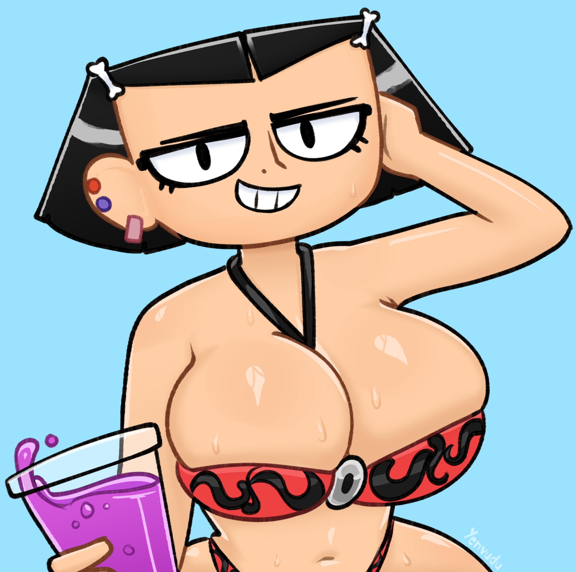 2022, bikini, bikini bottom, bikini top, black eyes, black hair, breasts, cleavage, drink, ear piercing, ear piercings, eyeliner, female, female only, hand in hair, my life as a teenage robot, necklace, nickelodeon, short hair, soda, tiff crust, wide hips, yenvudu