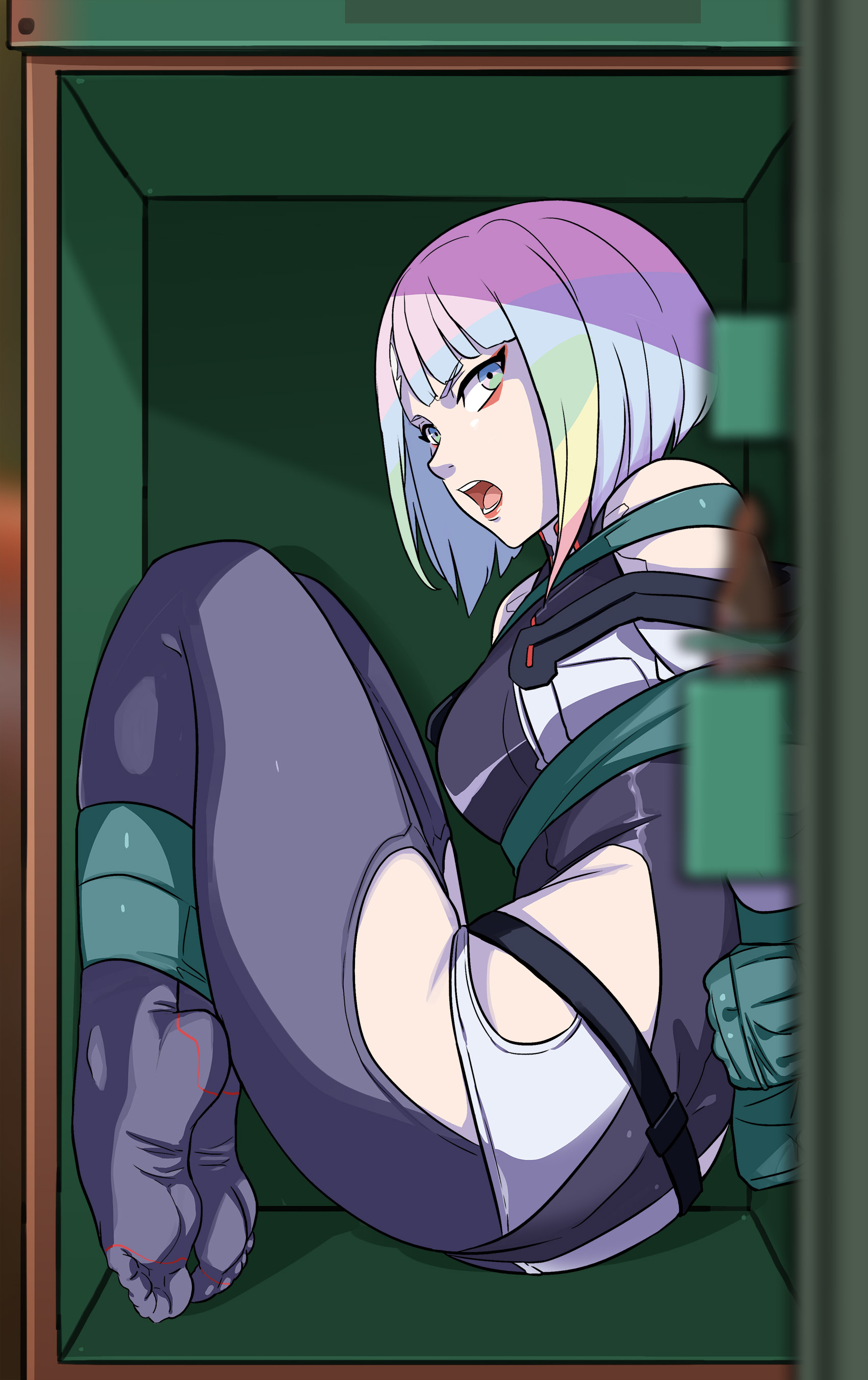 1girls, 2d, ass, big ass, bodysuit, cd projekt red, cyberpunk 2077, cyberpunk: edgerunners, defeated, defeated heroine, feet, female, female only, foot fetish, light skin, light-skinned female, lostonezero, lucyna kushinada, restrained, rope, soles, studio trigger, thick thighs, tied up, tight clothing, tight fit, toes